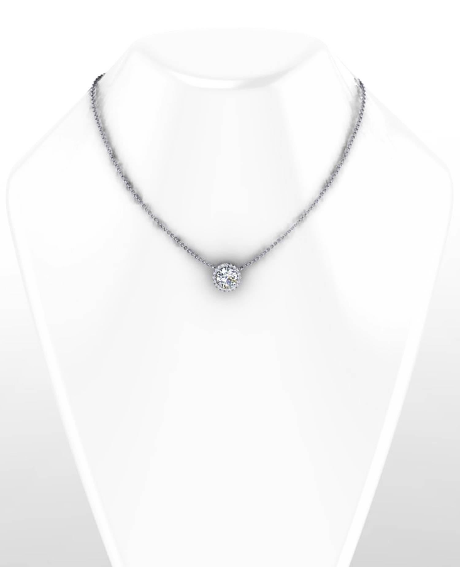 Round Cut 1.06 carats GIA Certified Round Diamond Halo Platinum Pendant Necklace For Sale