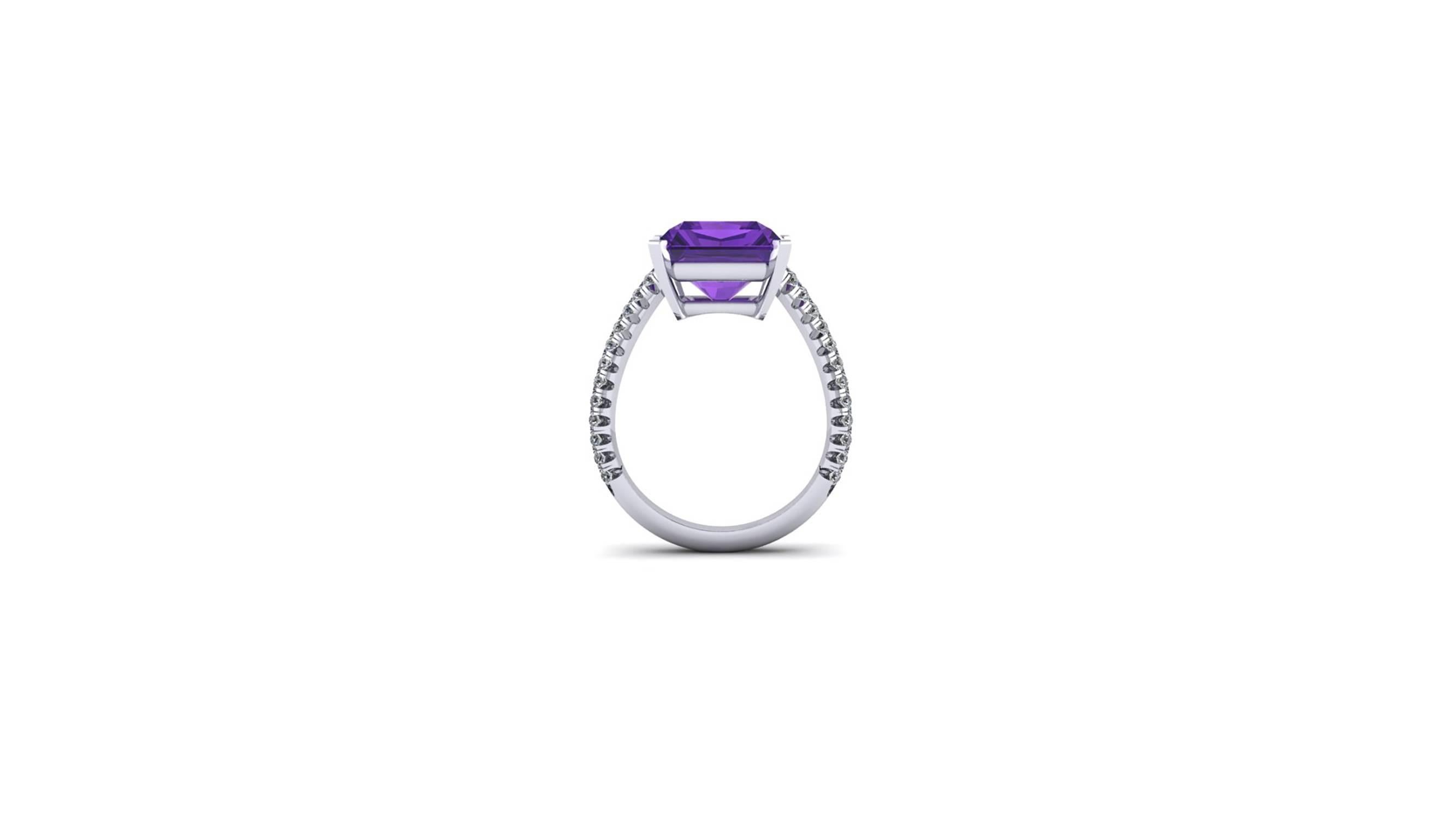 Ferrucci 8.1 carat Amethyst set in 18k white gold hand made cocktail ring,
with 0.50 carats of white diamonds, Vs clarity, hand set by Italian master jeweler, this ring is a size 6 1/2 and we offer complimentary sizing upon order.

A unique stunning