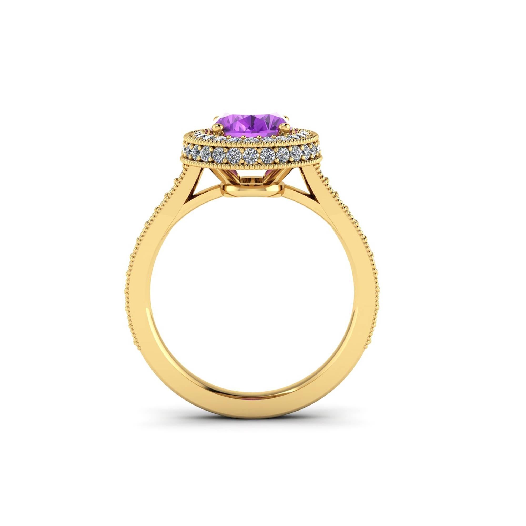 Art Deco Ferrucci Natural Purple Amethyst and White Diamonds 18 Karat Gold Ring