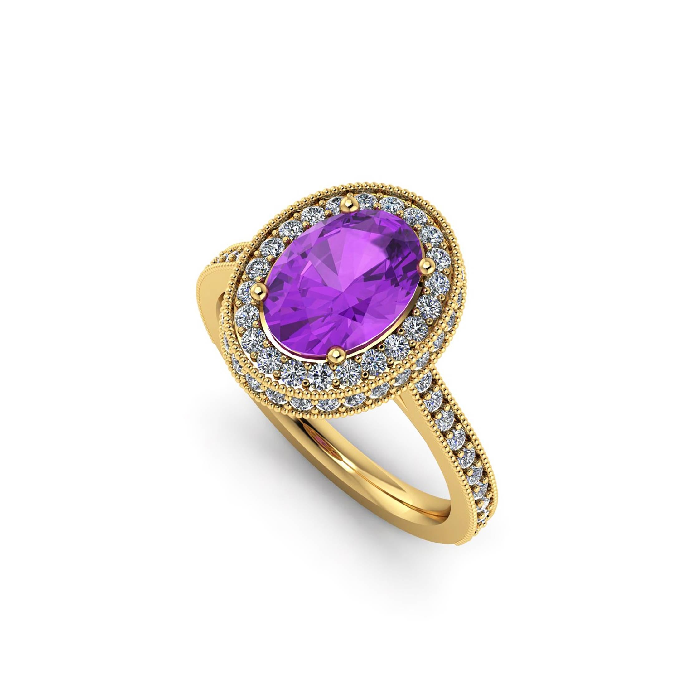 Ferrucci natural purple Amethyst adorned by a double halo of round bright diamonds for a total carat weight of 0.51 carats, conceived in a hand made 18k yellow gold ring.

Hand made and designed in New York City by master jeweler Francesco Ferrucci,