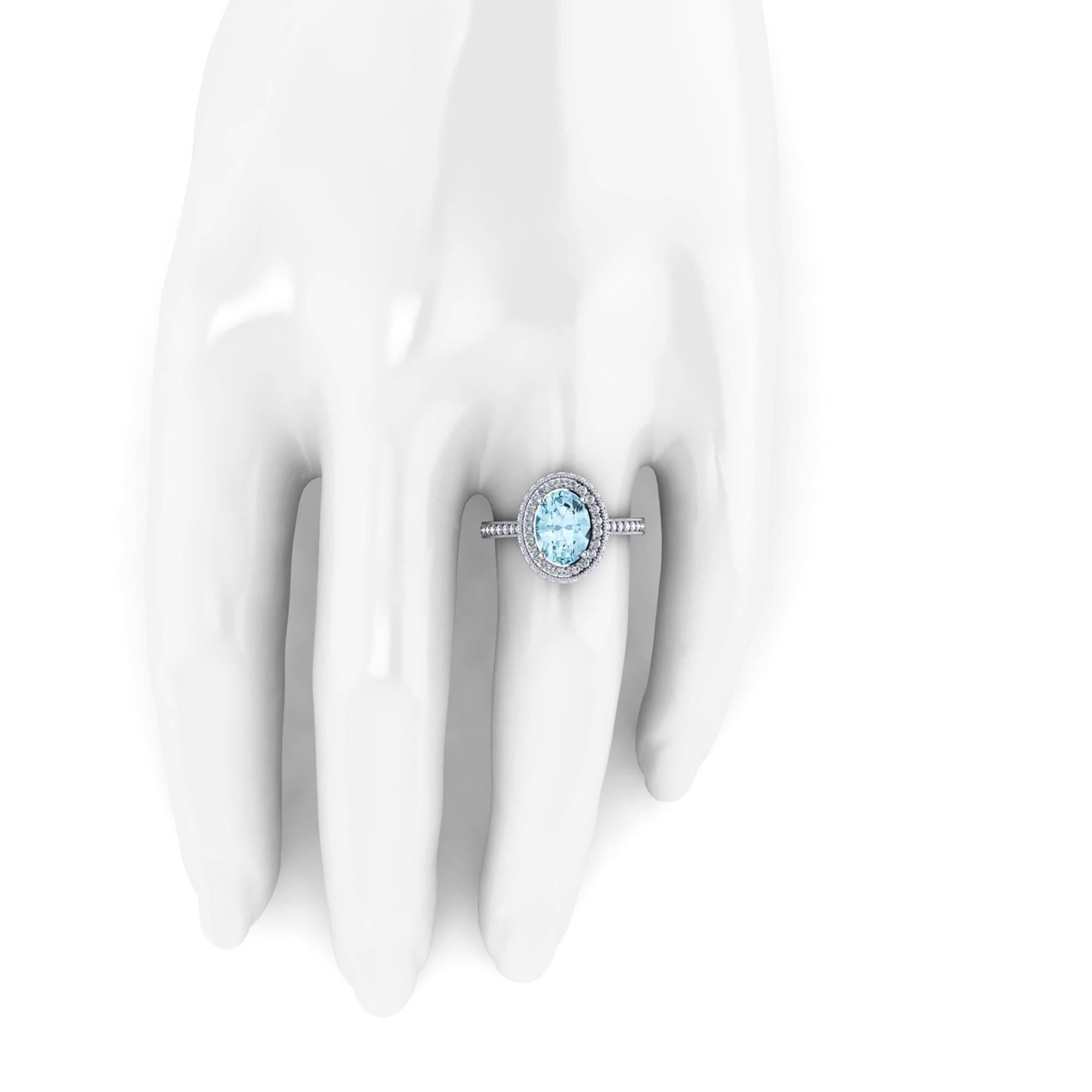 Art Deco 1.40 carat Natural Aquamarine White Diamonds 18k white Gold Ring For Sale