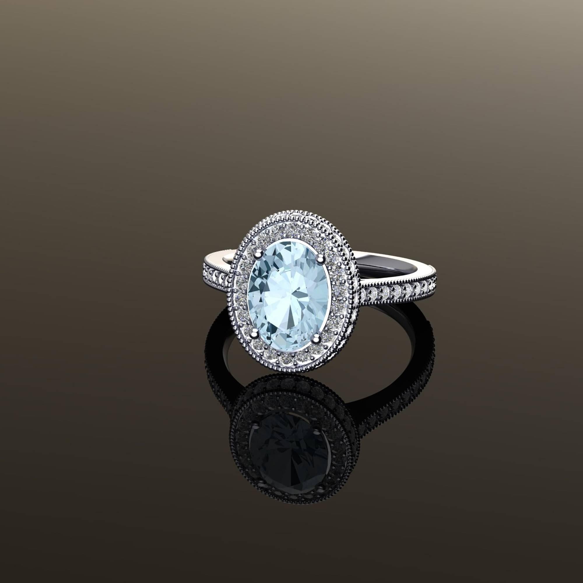 Oval Cut 1.40 carat Natural Aquamarine White Diamonds 18k white Gold Ring For Sale
