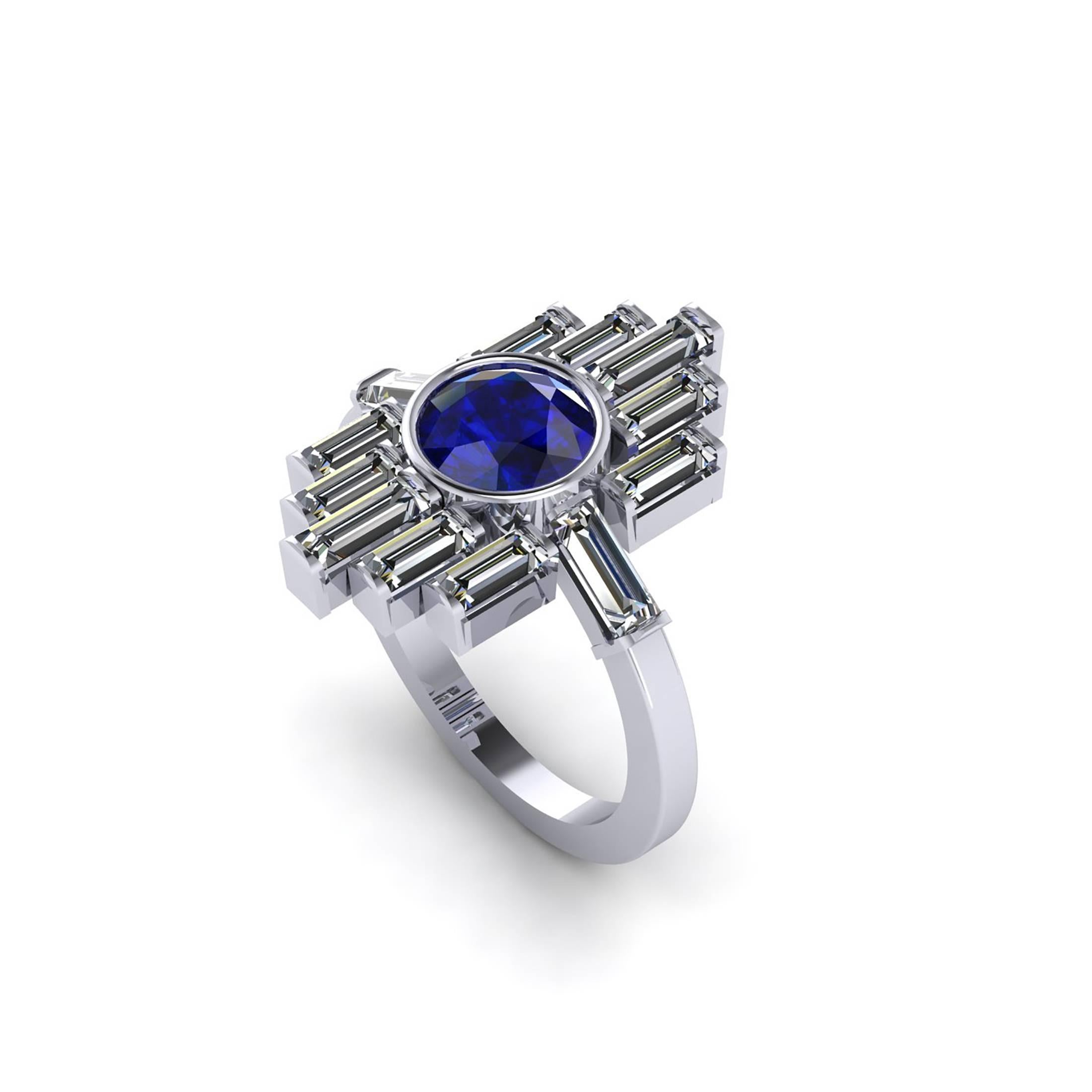 Ferrucci Art Deco design platinum Ring, hand made in New York by Italian master jeweler, showcasing a stunning  1.34 carats intense blue round Sapphire, embellished by bright white diamond baguettes for an approximate 1.65 carats, in a low setting