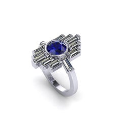 Ferrucci 1.34 Carat Blue Sapphire and Diamond Baguettes Platinum Ring