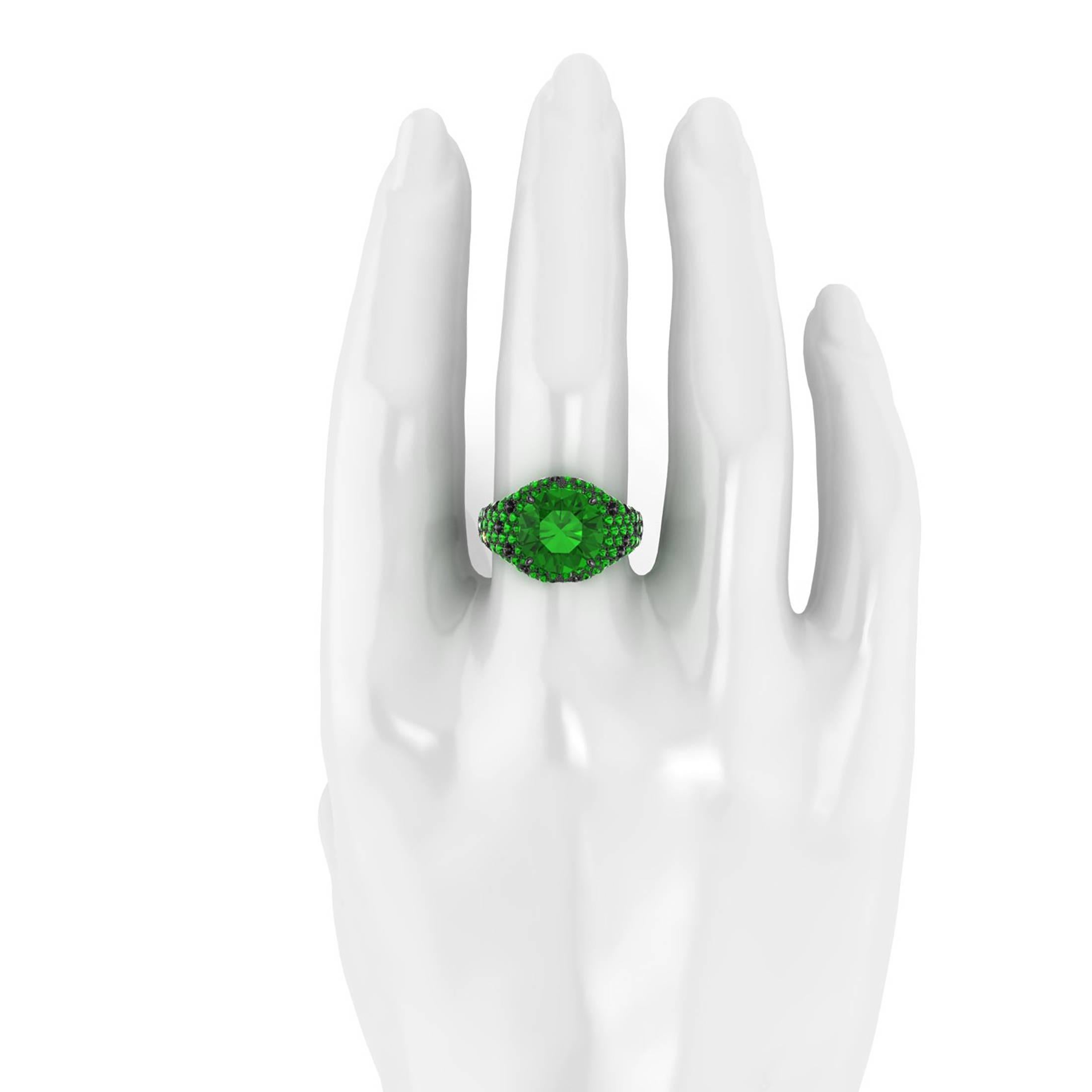 Ferrucci Green Tsavorite and Black Diamonds 18 Karat Gold Cocktail Nature Ring 2