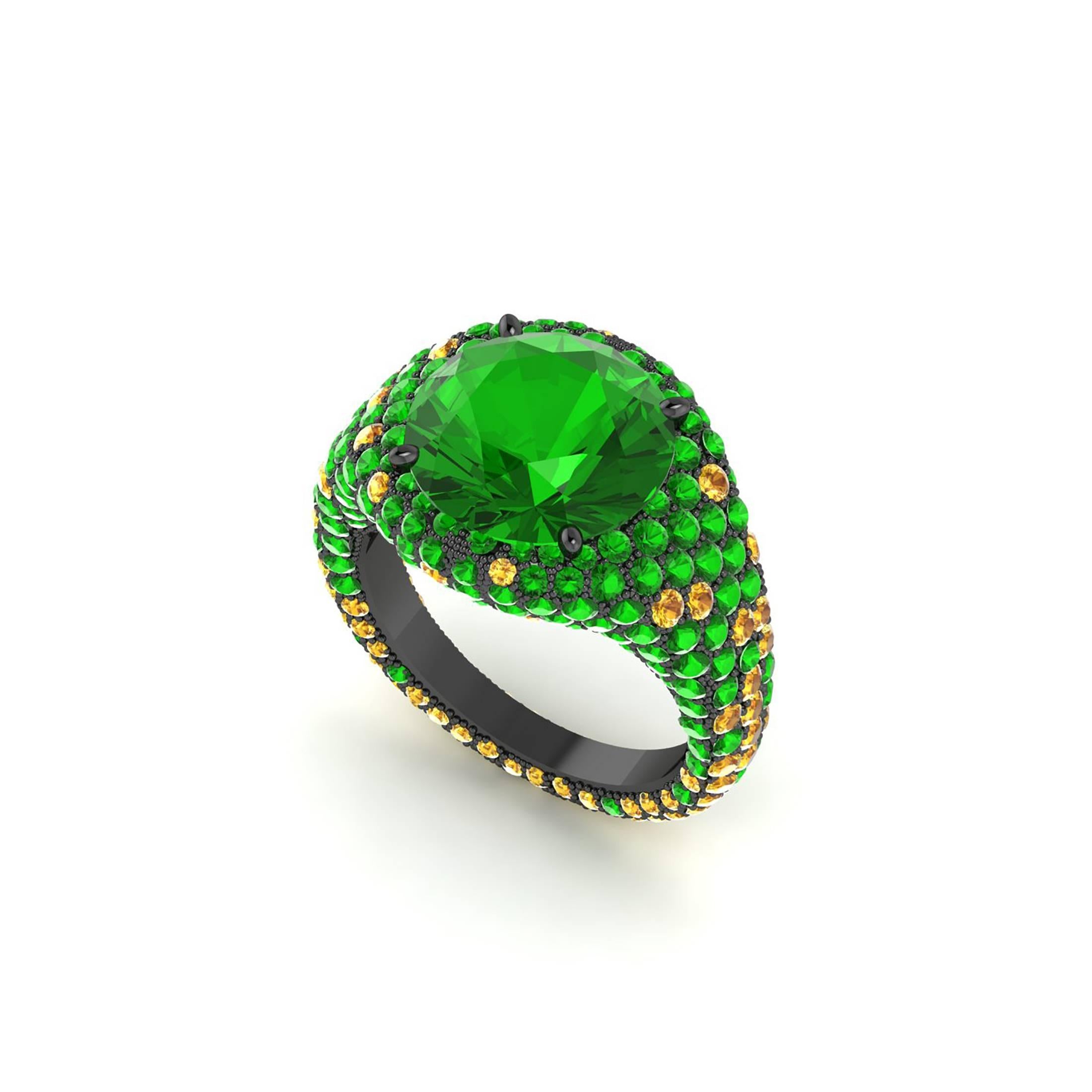 from Ferrucci, a stunning natural intense green round Tsavorite, adorned by small round natural Tsavorites gems and round natural Yellow Citrines,
hand set in a hand made 18k Black gold ring, conceived in New York city by Italian master jeweler