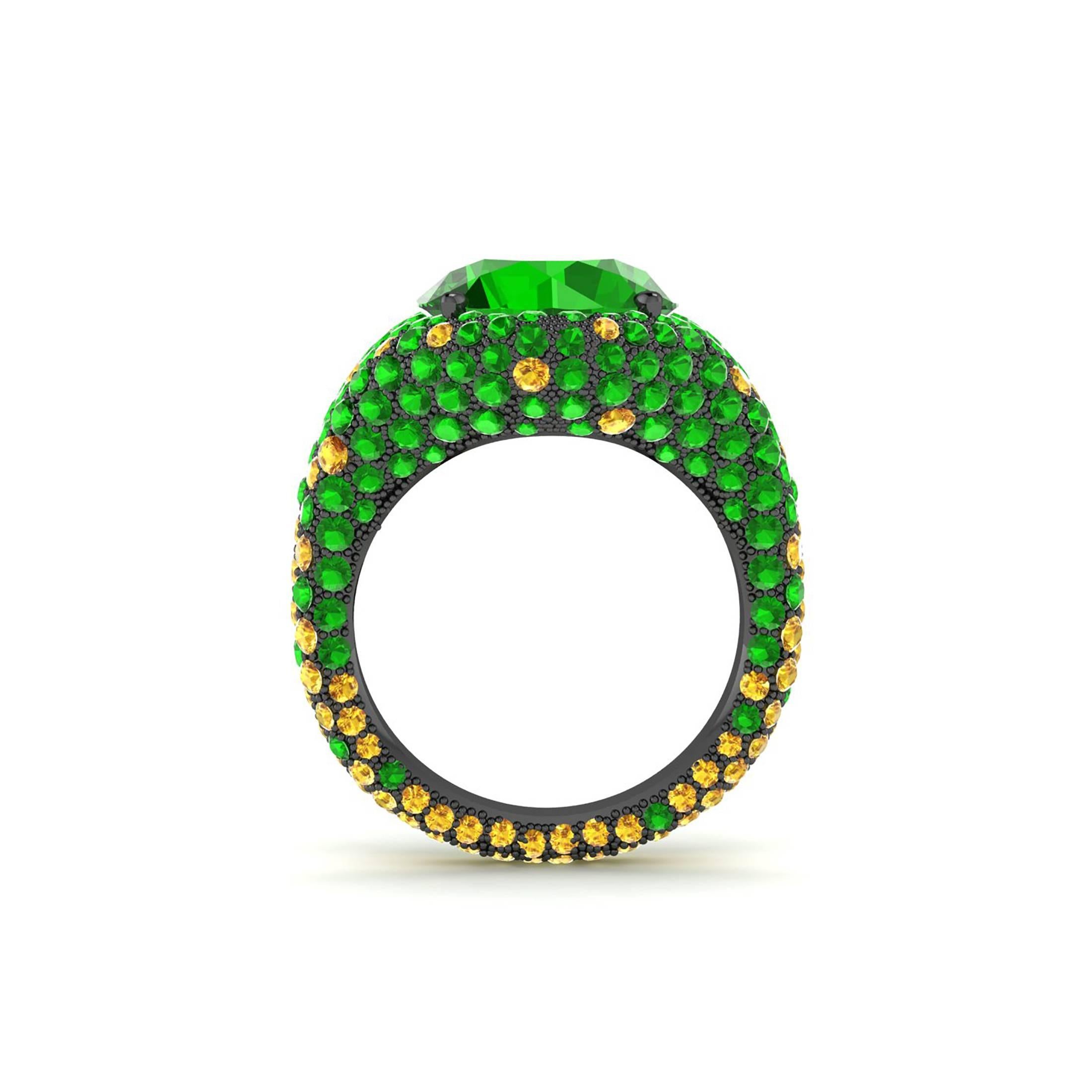 Women's Ferrucci Natural Green Tsavorite and Yellow Citrines Black Gold Ring