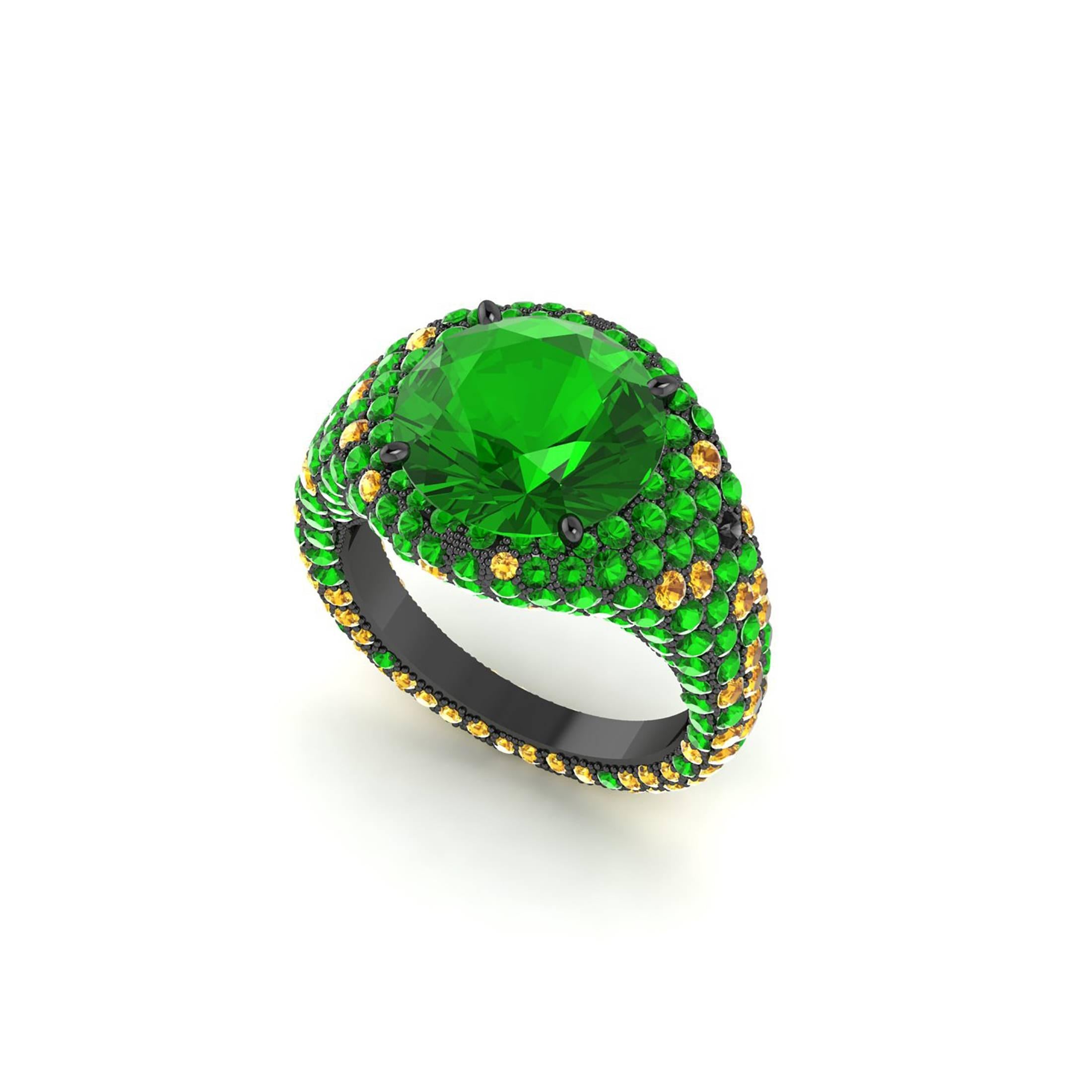 Ferrucci Natural Green Tsavorite and Yellow Citrines Black Gold Ring In New Condition In New York, NY