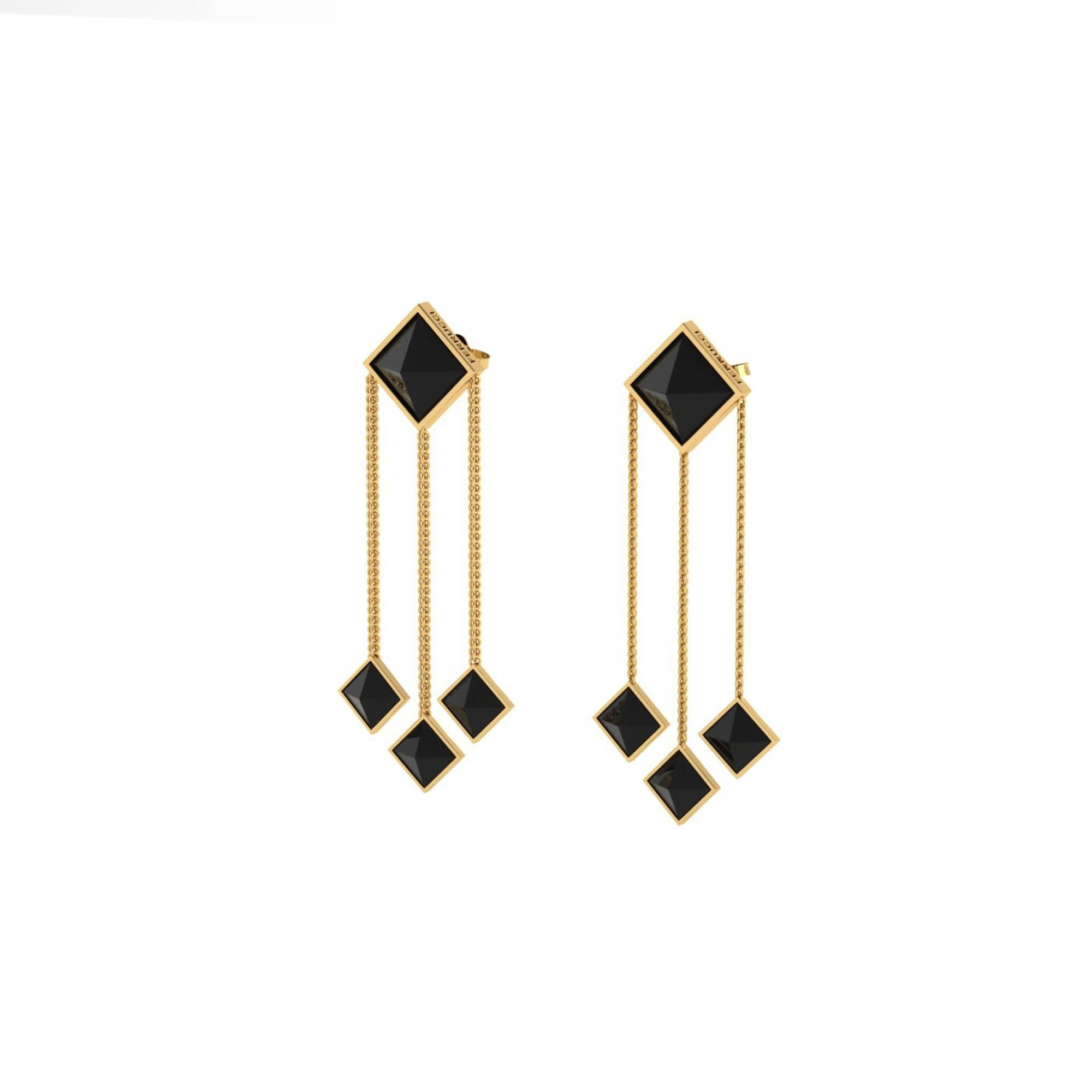 From FERRUCCI Pyramids collection, these Black Onyx Pyramid cut, set in 18k yellow gold dangling earrings, hand made in New York city by Italian master jeweler Francesco Ferrucci, an Art Deco inspire design, elegant but light for every occasion,