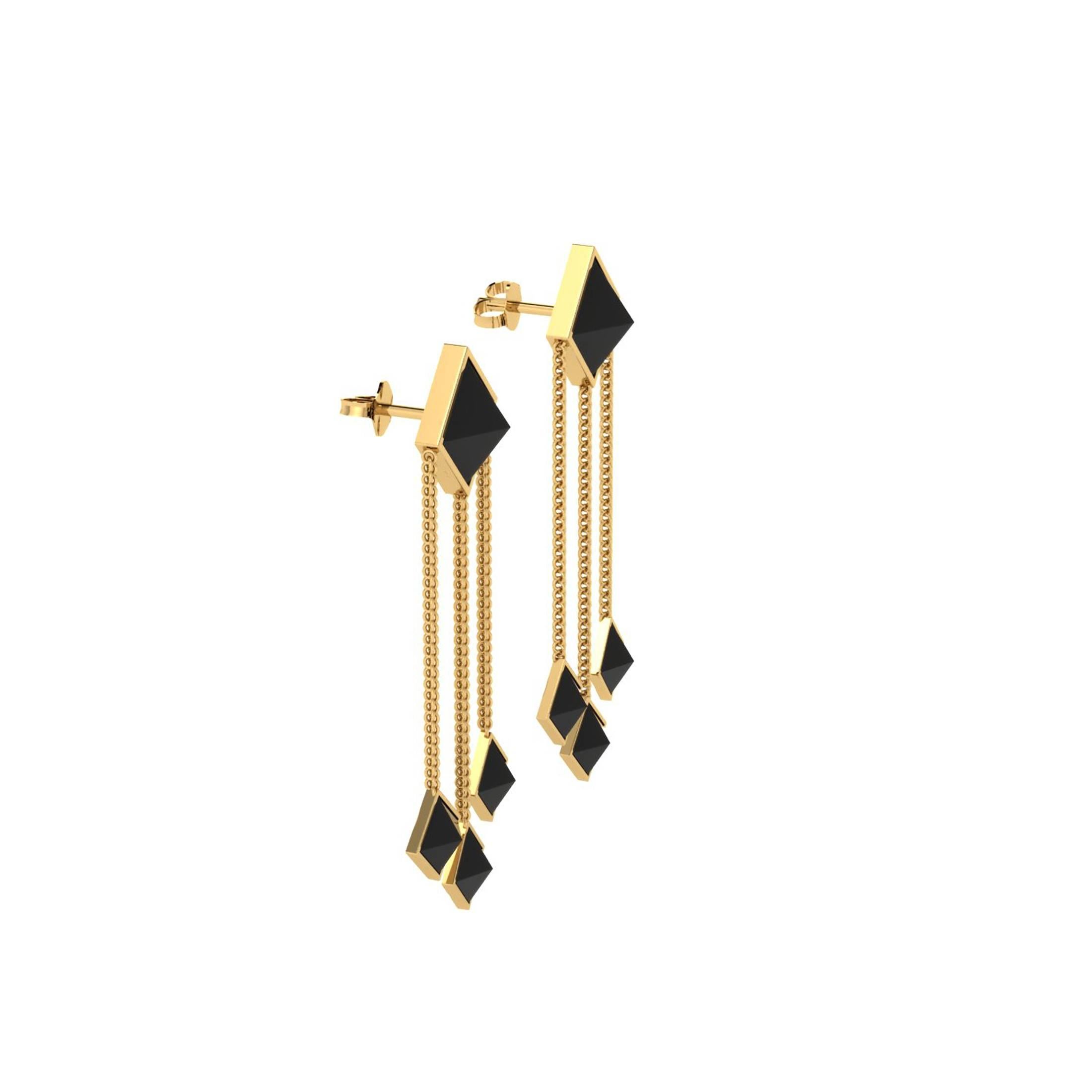 Art Deco Ferrucci Black Onyx Pyramid Dangling 18 Karat Yellow Gold Earrings For Sale