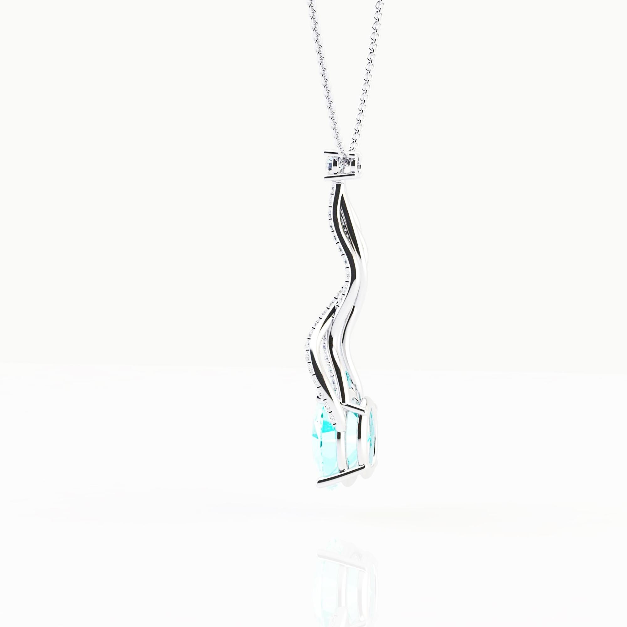 Ferrucci, a stunning AGL Certified 2.11 carat Paraiba Tourmaline in a 18k white gold and 0.20 carat weight diamonds pendant necklace,
conceived in a flowing, organic design to complemenet the light blue, greenish of this turquoise color water. 
This