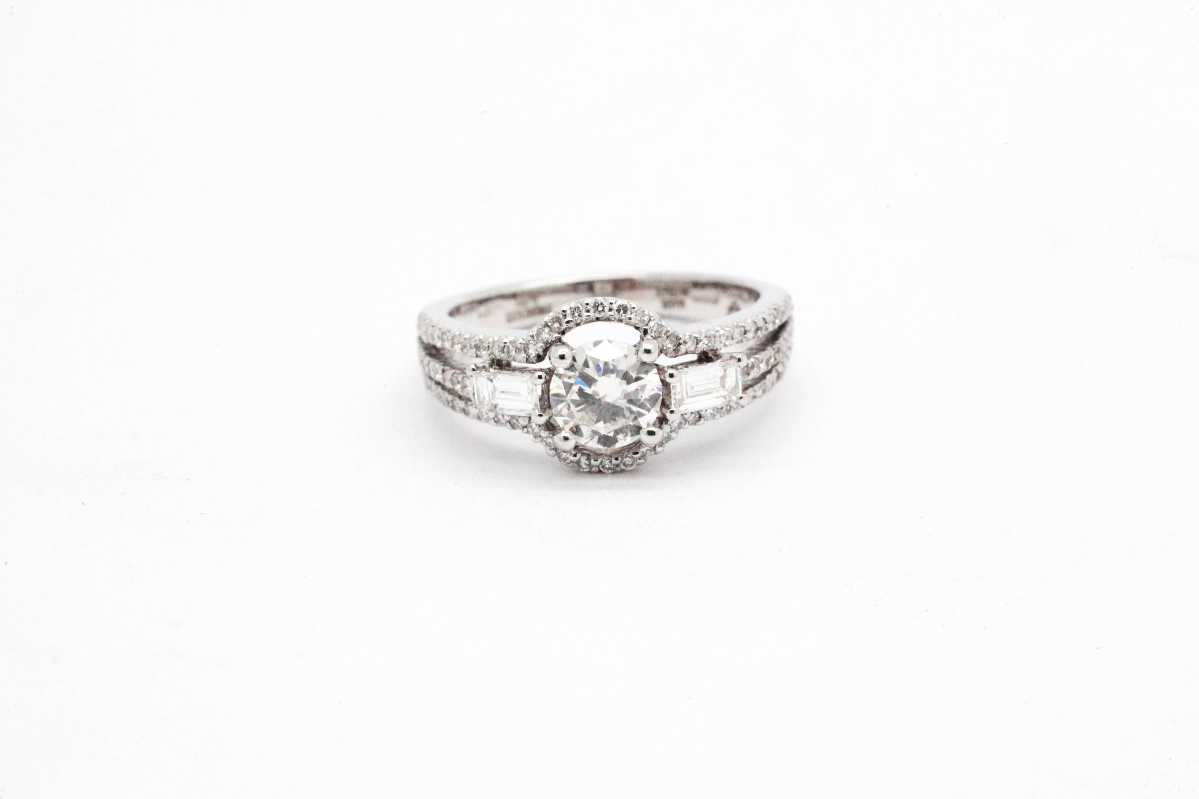 Baguette Cut 1.13 Carat white Diamond 18k white Gold Engagement Ring For Sale