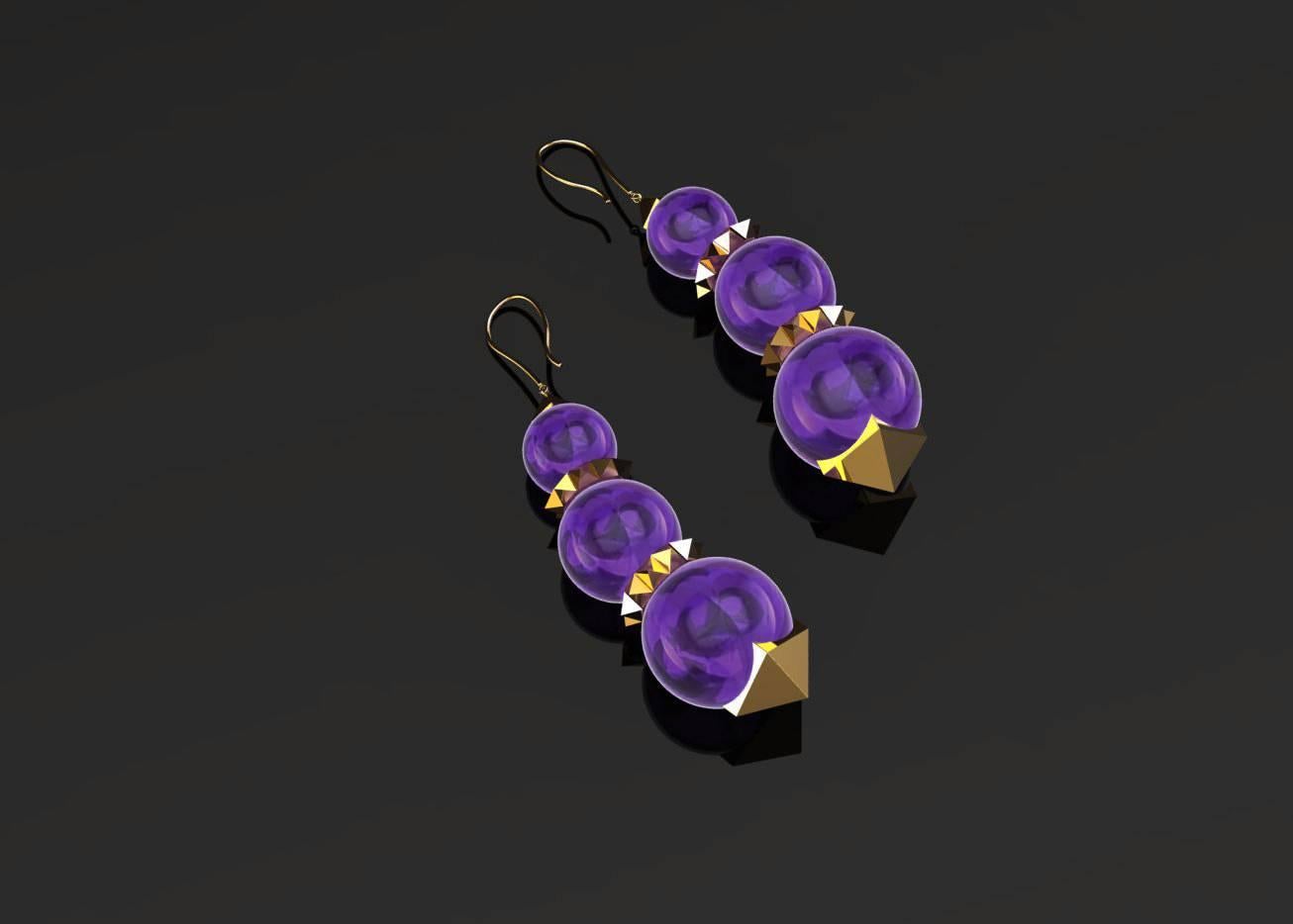Ferrucci Amethyst Bead Pyramid Yellow Gold Earrings  In New Condition For Sale In New York, NY