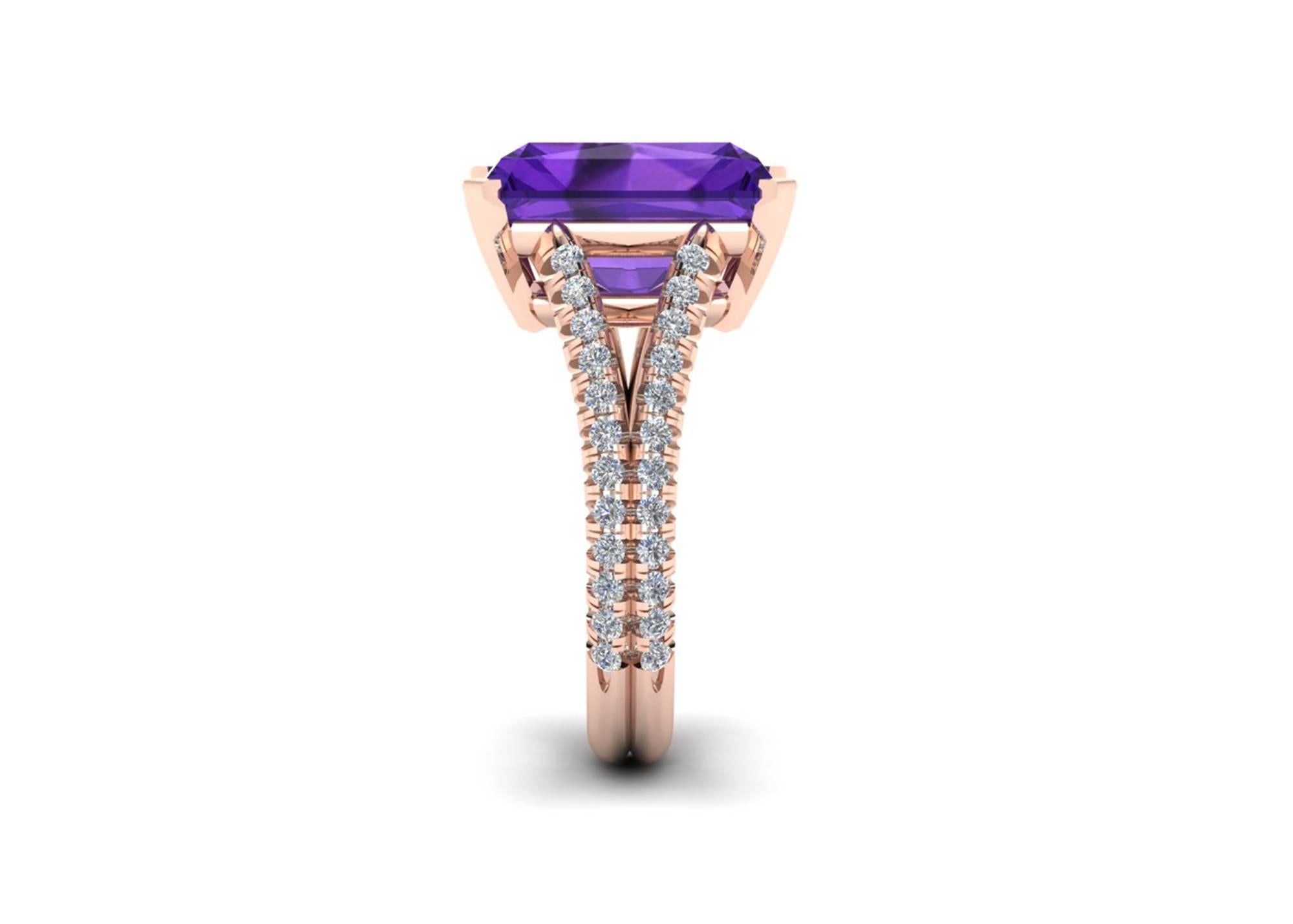 Ferrucci 8.20 carat Amethyst set in 18k rose gold hand made cocktail ring,
with 0.50 carats of white diamonds, hand set by Italian master jeweler, this ring is a size 6 1/2 and we offer complimentary sizing upon order.

A unique stunning piece of