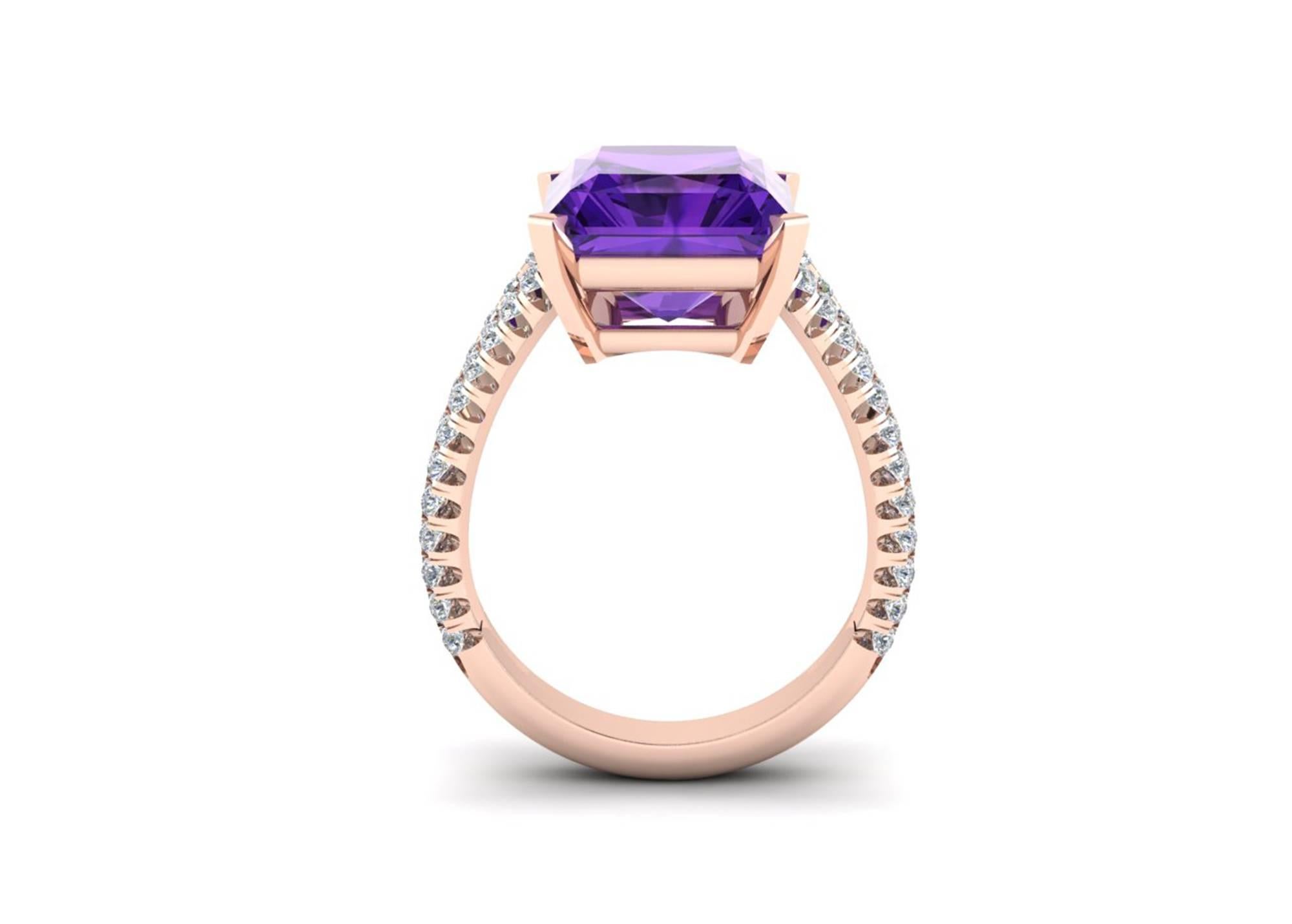 Contemporary 8.20 Carat Amethyst  0.50 Carats white Diamonds 18k rose gold Ring For Sale