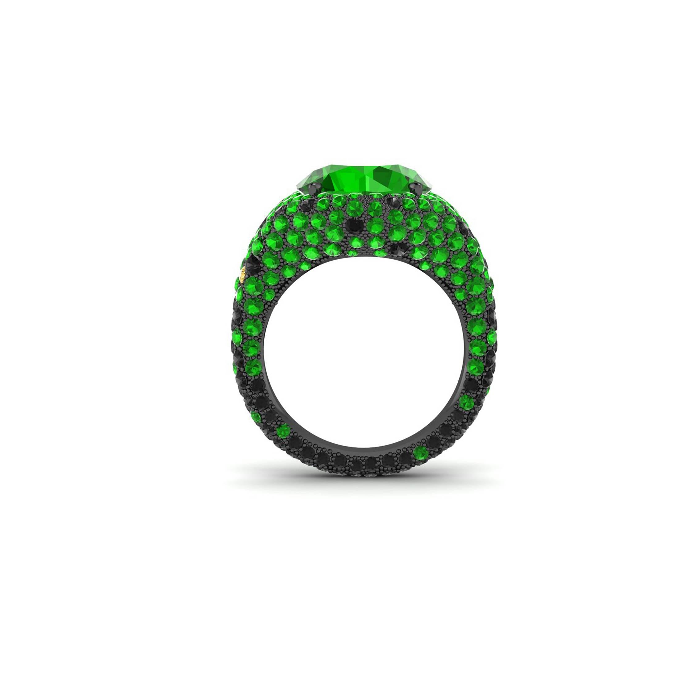 Round Cut Ferrucci Green Tsavorite and Black Diamonds 18 Karat Gold Cocktail Nature Ring