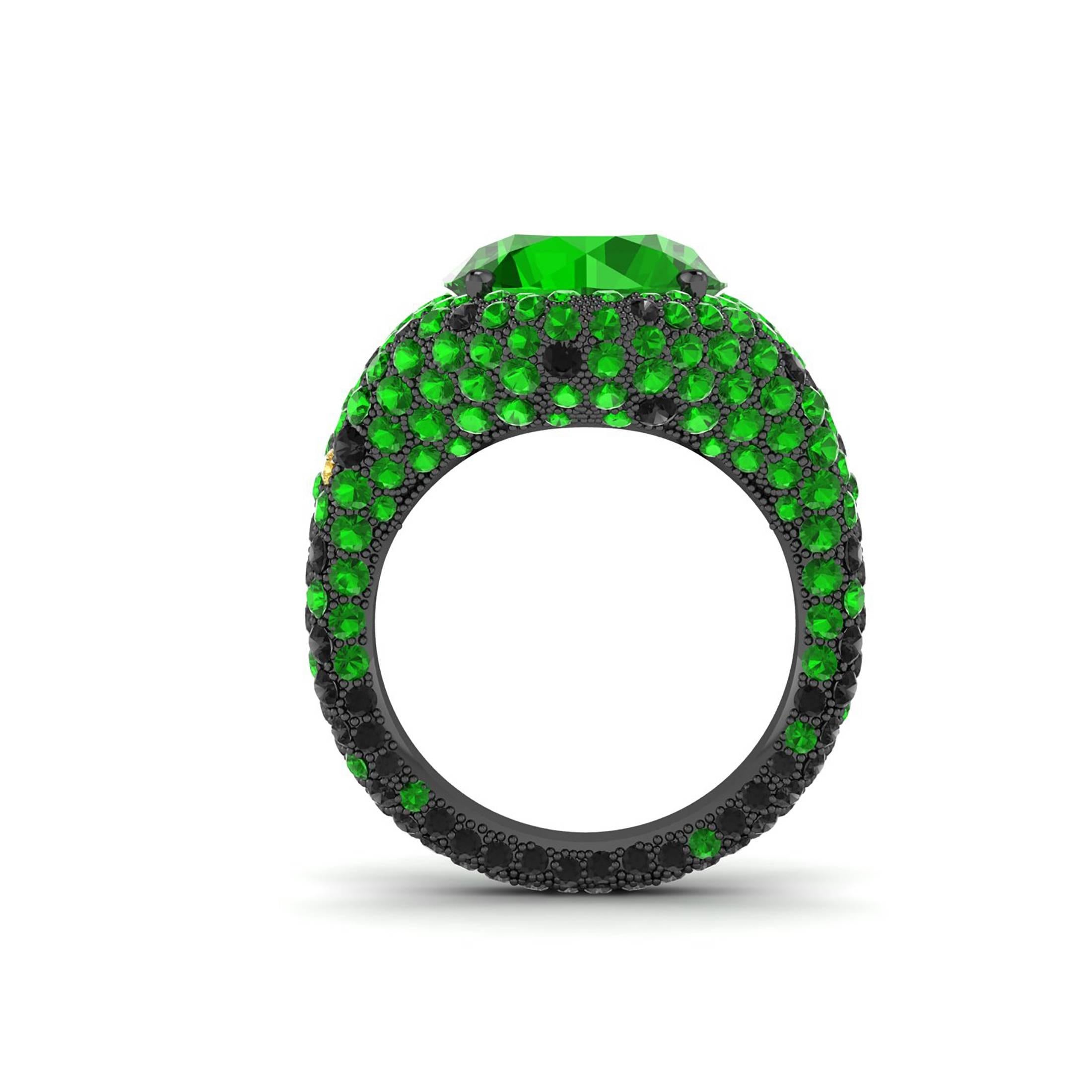 Ferrucci, a superb creation with combination of colors and light, with a touch darkness into it, circa 5.50 carats Green Tsavorite and approximately 1.00 carat of black diamonds merge into an 18k black gold cocktail organic ring, conceived and hand