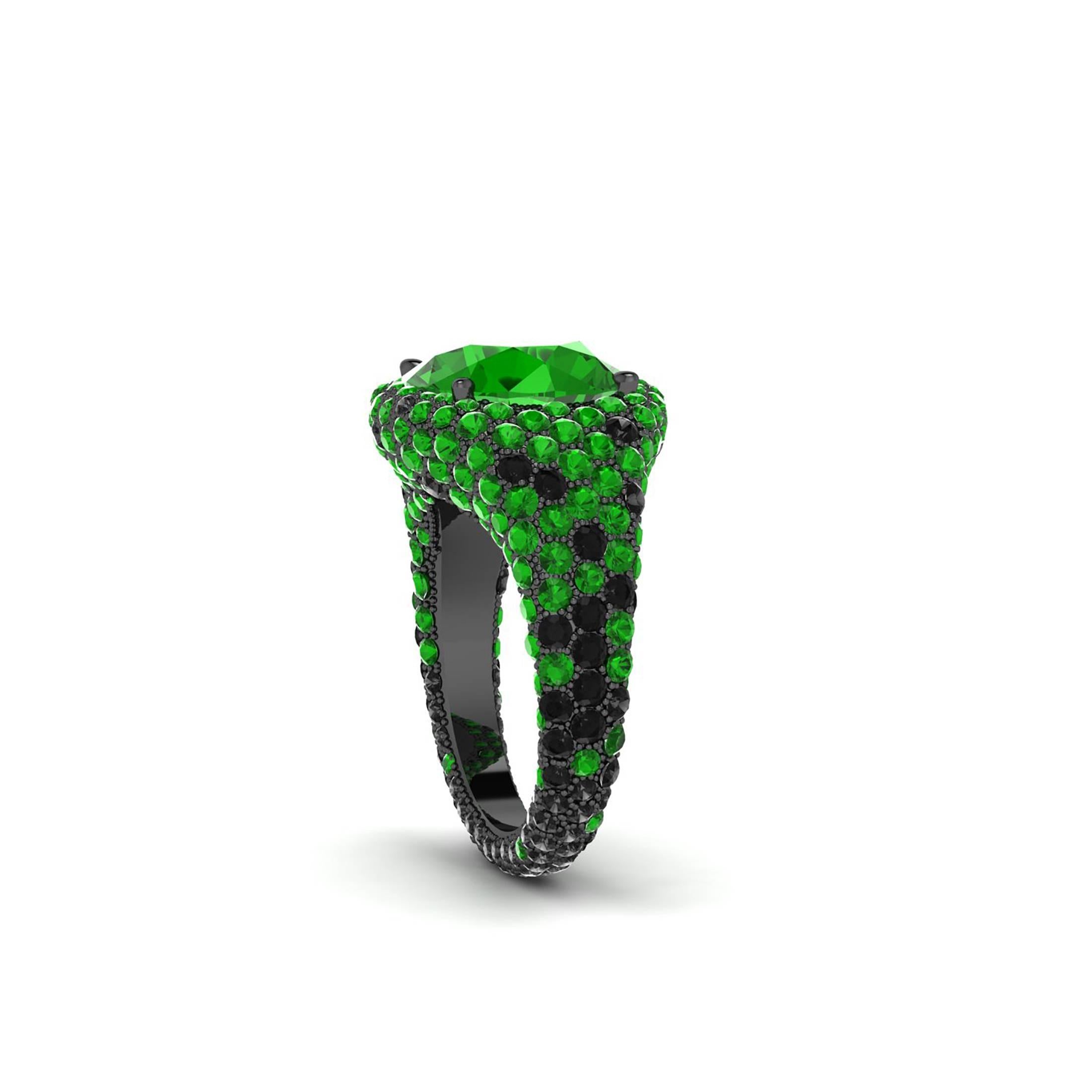 Women's Ferrucci Green Tsavorite and Black Diamonds 18 Karat Gold Cocktail Nature Ring