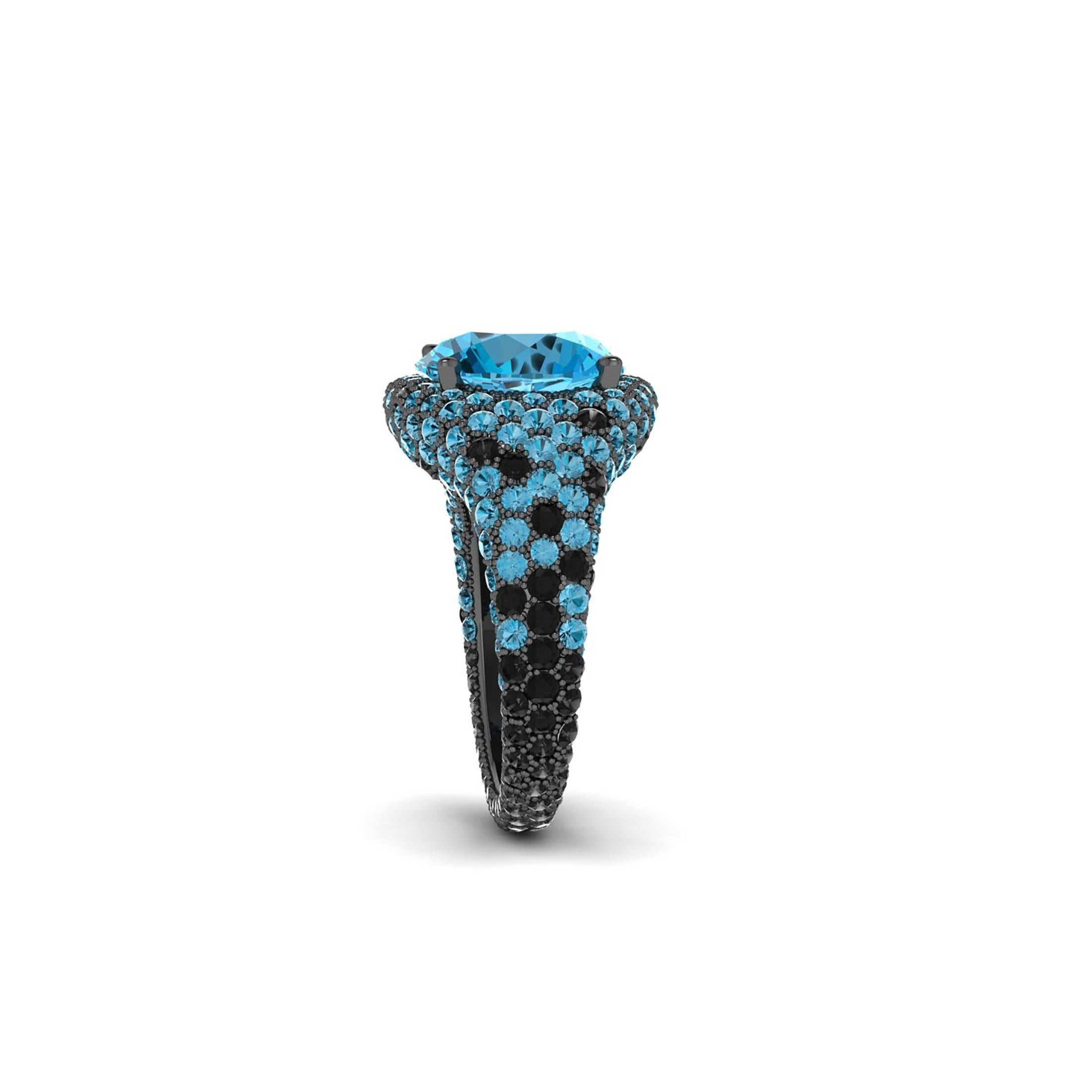Ferrucci 4.50 Carat Blue Topaz Black Diamond Black Gold Ring In New Condition In New York, NY