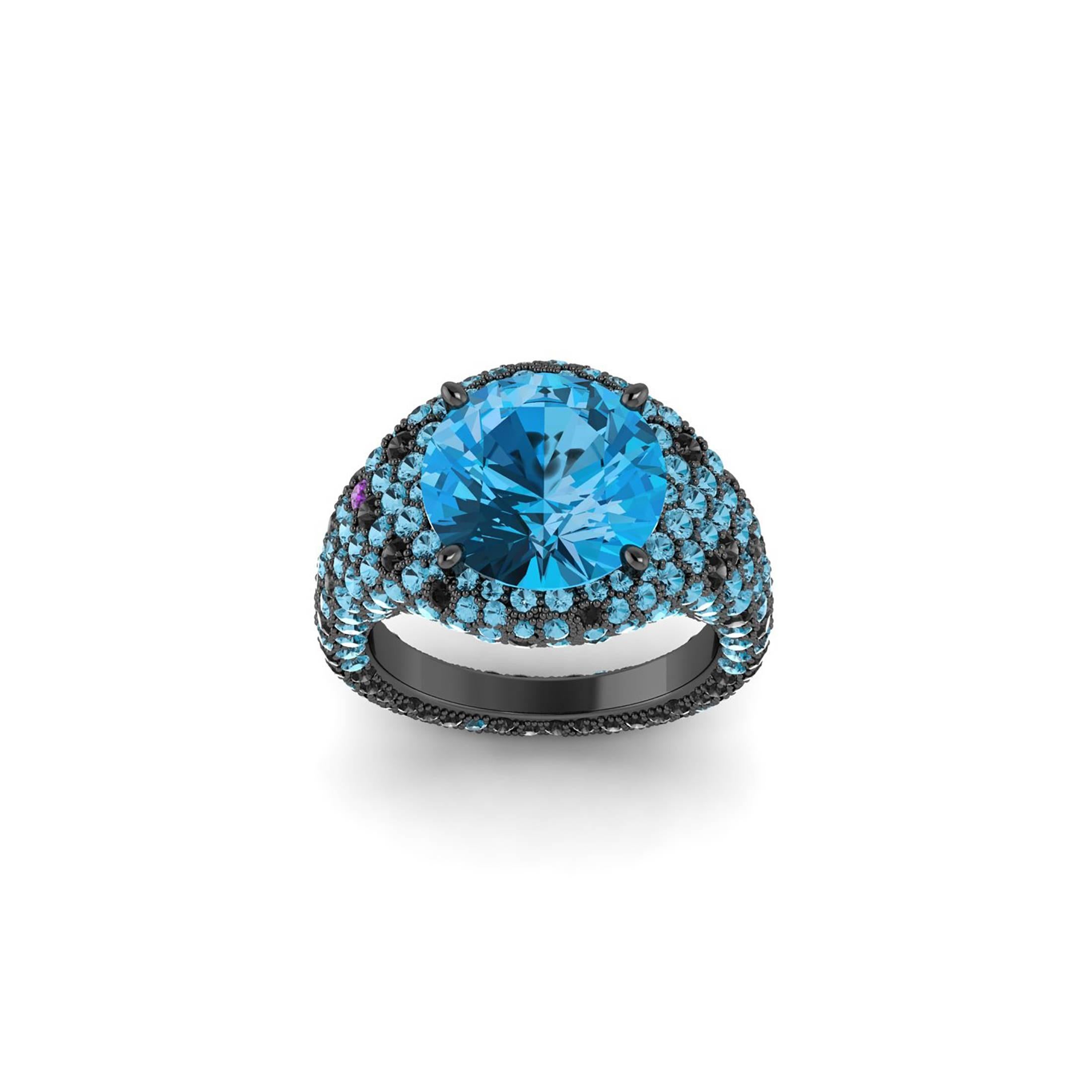 Modern Ferrucci 4.50 Carat Blue Topaz Black Diamond Black Gold Ring