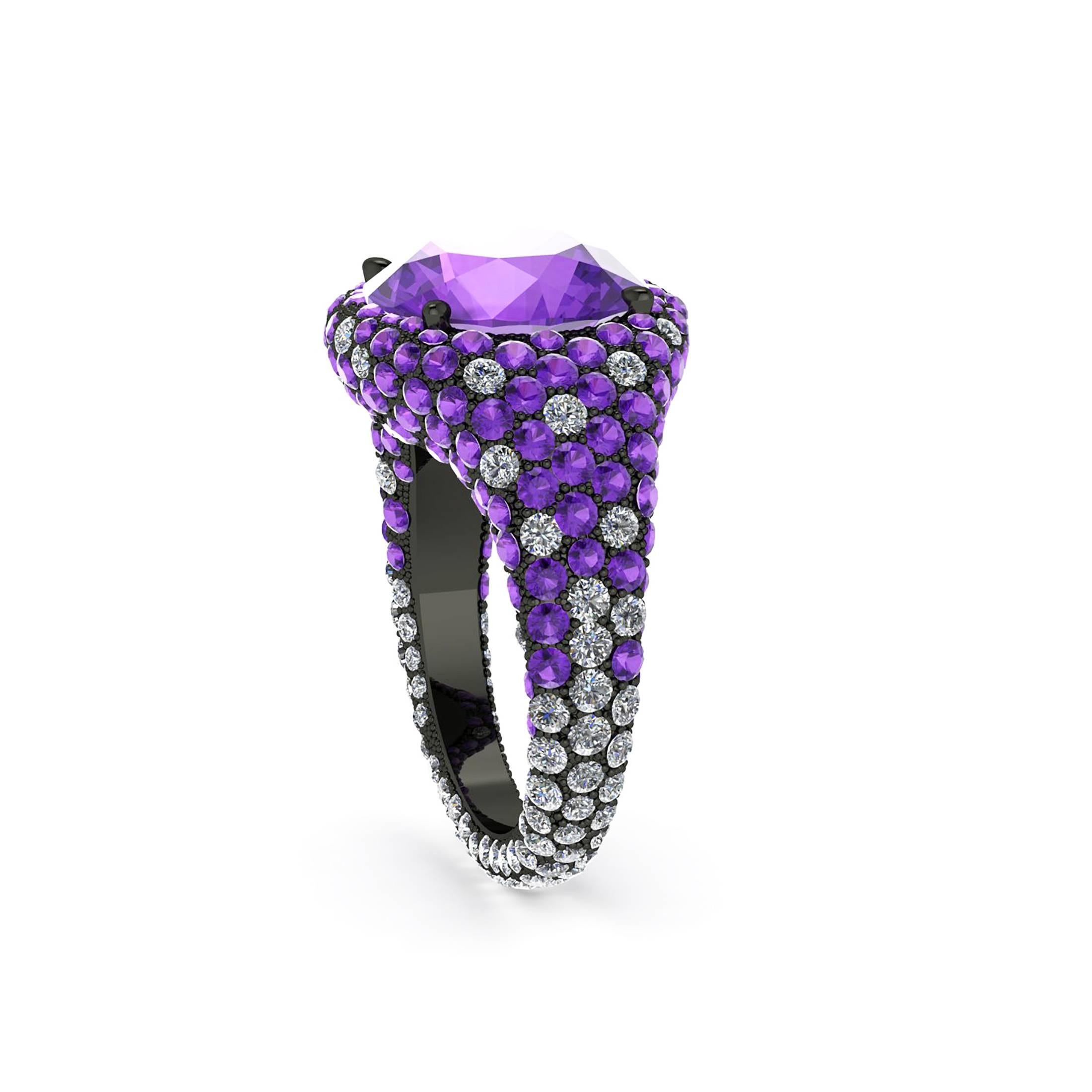 Ferrucci unique 3.50 carats round brilliant cut natural Amethyst, set in a black 18k gold ring designed and hand made in New York City by master jeweler Francesco Ferrucci, showcasing a spectacular 1.25 carats of bright white diamonds and