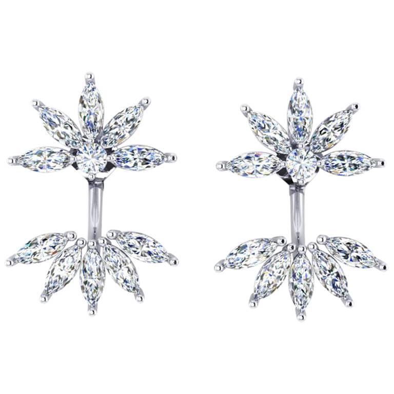 Boucles d'oreilles fleurs d'origine Ferrucci en platine 950 avec diamants marquises de 2,60 carats