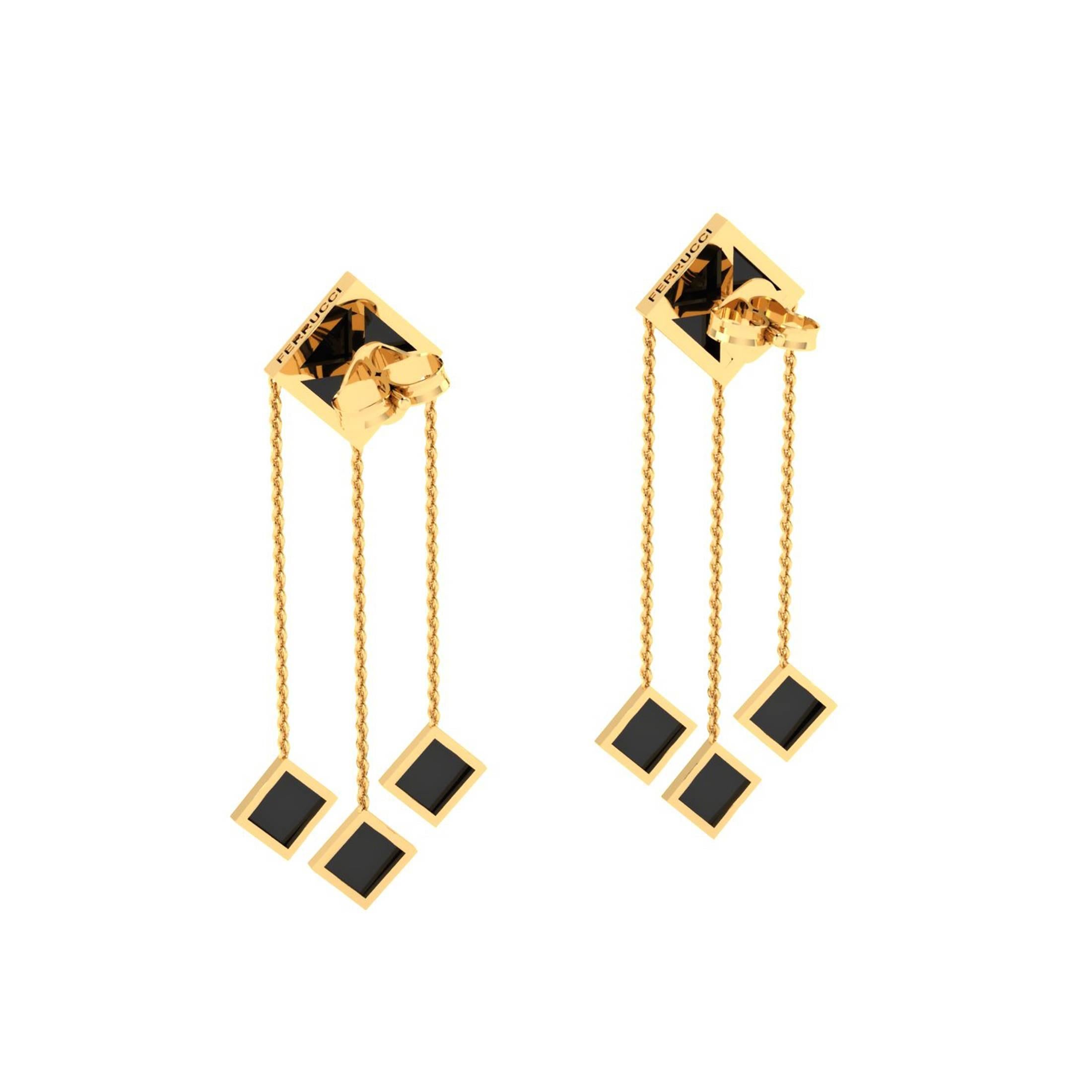 Ferrucci Black Onyx Pyramid Dangling 18 Karat Yellow Gold Earrings In New Condition For Sale In New York, NY