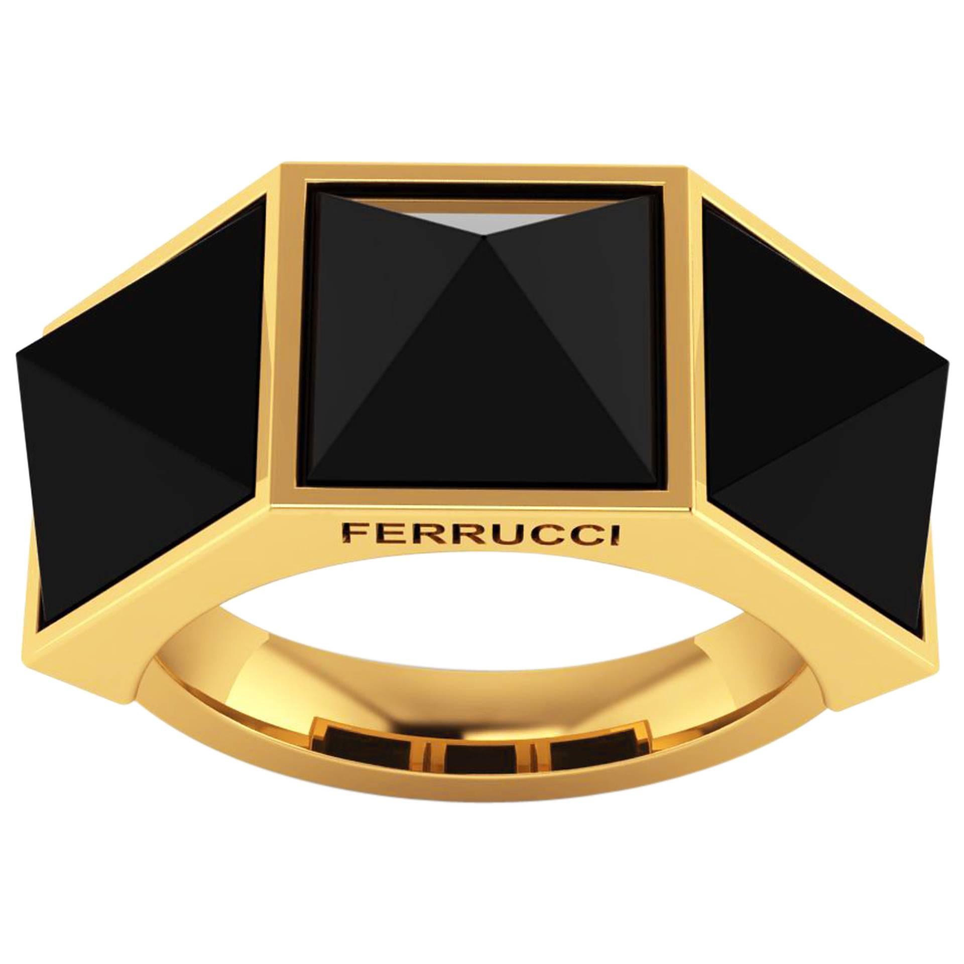 Ferrucci Black Onyx Pyramids 18 Karat Yellow Gold Ring