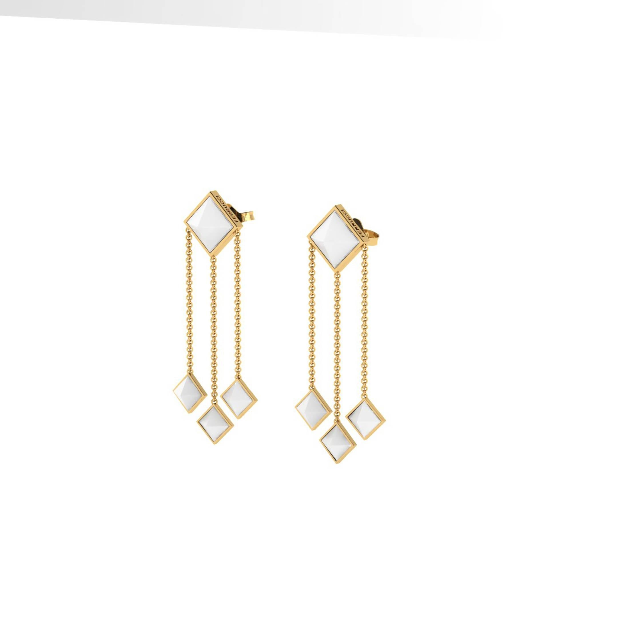 From FERRUCCI Pyramids collection, these white agate cut, set in 18k yellow gold dangling earrings, hand made in New York city by Italian master jeweler Francesco Ferrucci, an Art Deco inspire design, elegant but light for every occasion, easy to