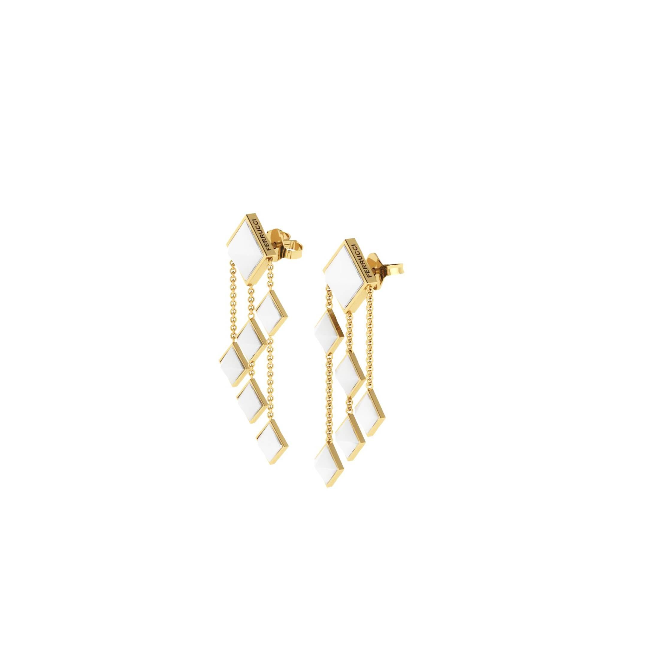 From FERRUCCI Pyramids collection, these white agate cut, set in 18k yellow gold dangling earrings, hand made in New York city by Italian master jeweler Francesco Ferrucci, an Art Deco inspire design, elegant but light for every occasion, easy to