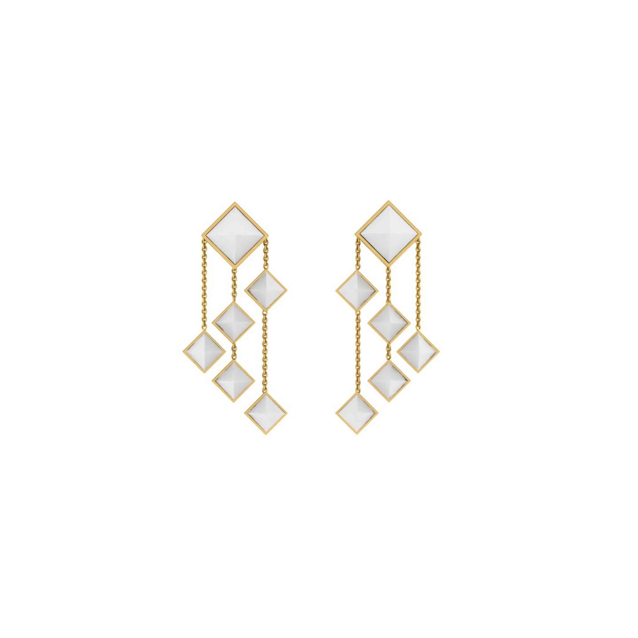 Ferrucci White Agate Pyramids Dangling 18 Karat Yellow Gold Chandelier Earrings For Sale