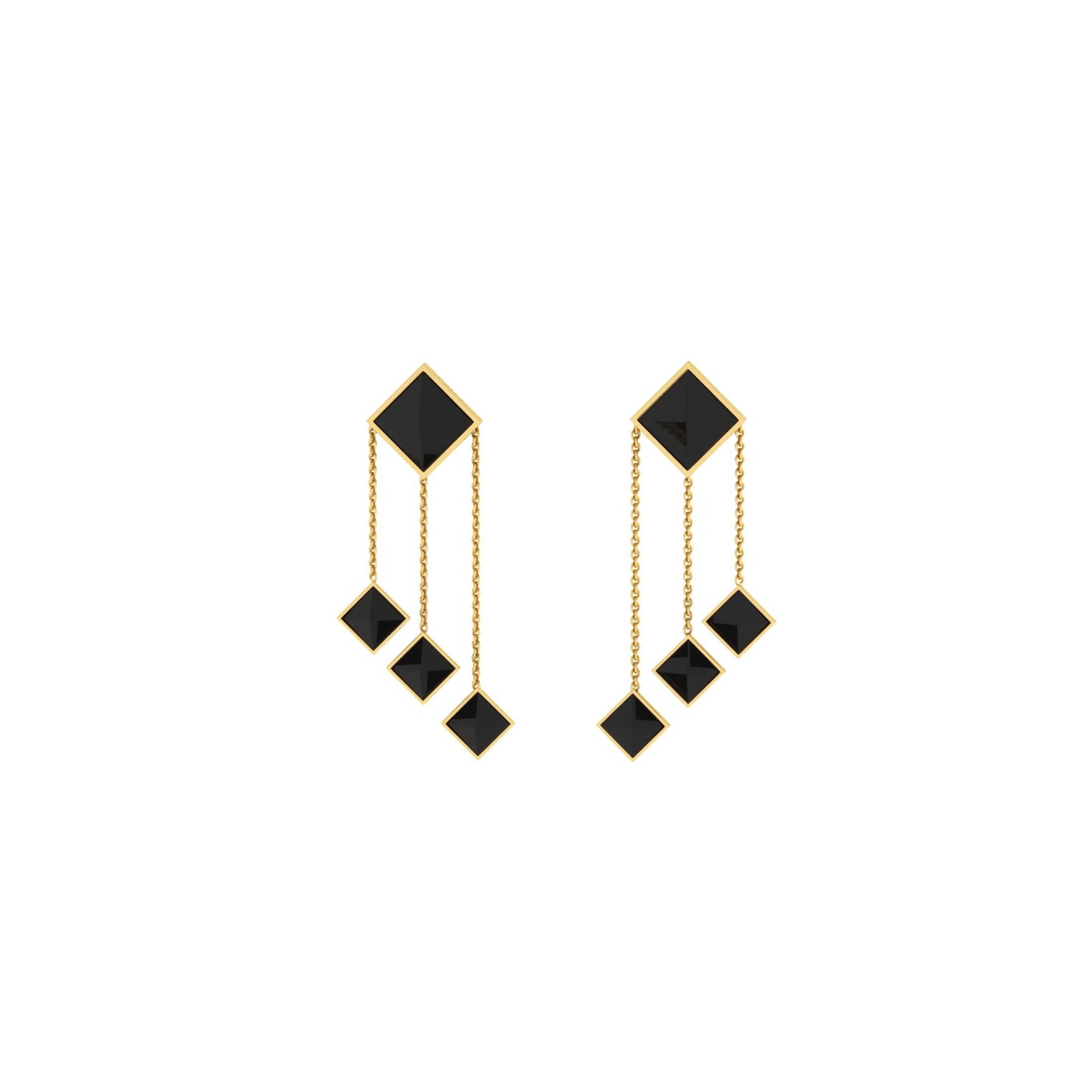 Ferrucci Black Onyx Pyramids Dangling 18 Karat Yellow Gold Chandelier Earrings For Sale