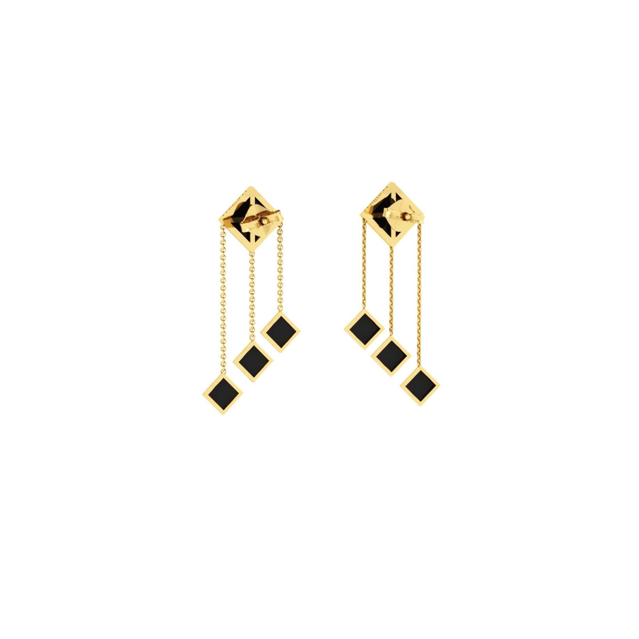 Ferrucci Black Onyx Pyramids Dangling 18 Karat Yellow Gold Chandelier Earrings In New Condition For Sale In New York, NY