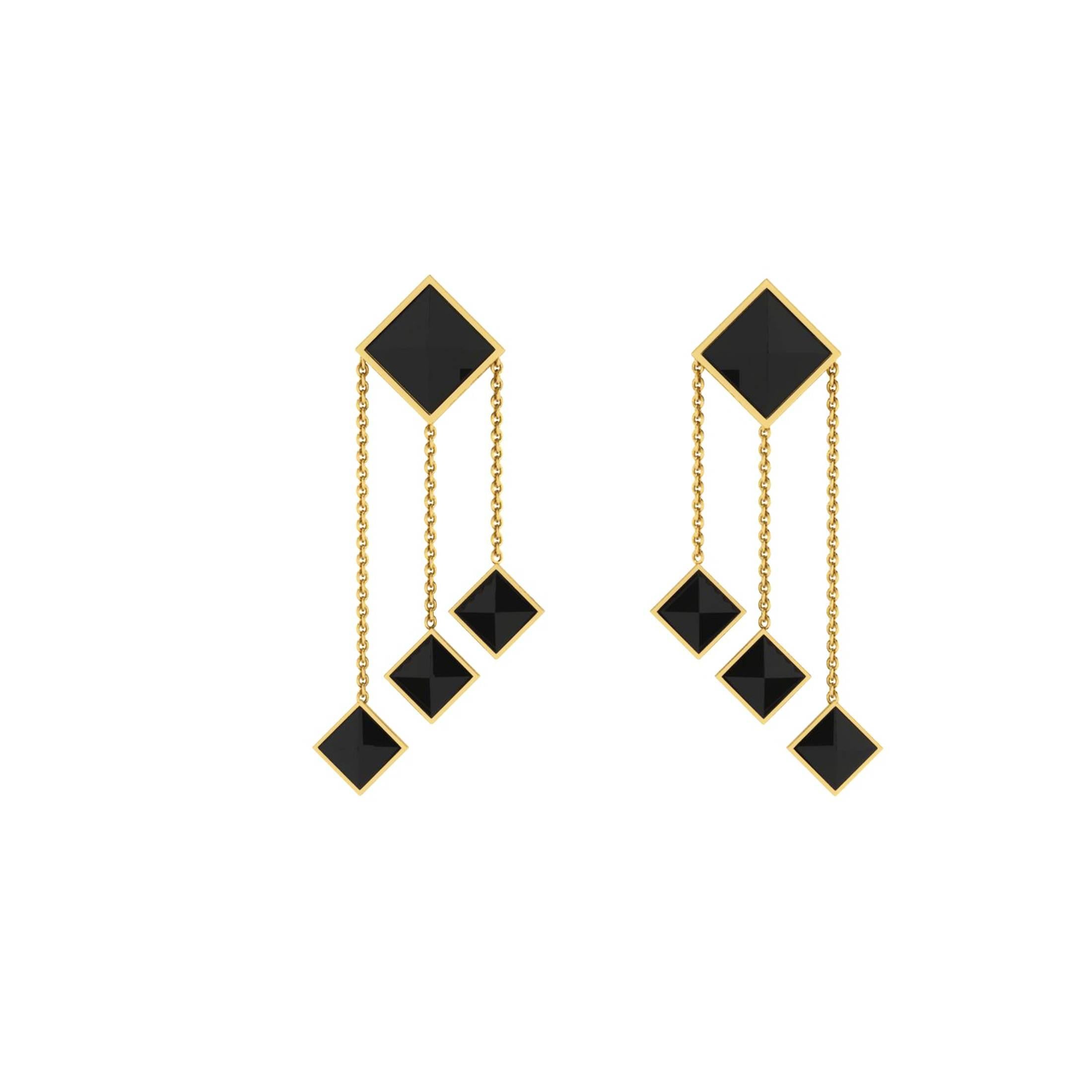 From FERRUCCI Pyramids collection, these black Onyx pyramid cuts, set in 18k yellow gold dangling earrings, hand made in New York city by Italian designer Francesco Ferrucci, an Art Deco inspired design, elegant and light for every occasion and for