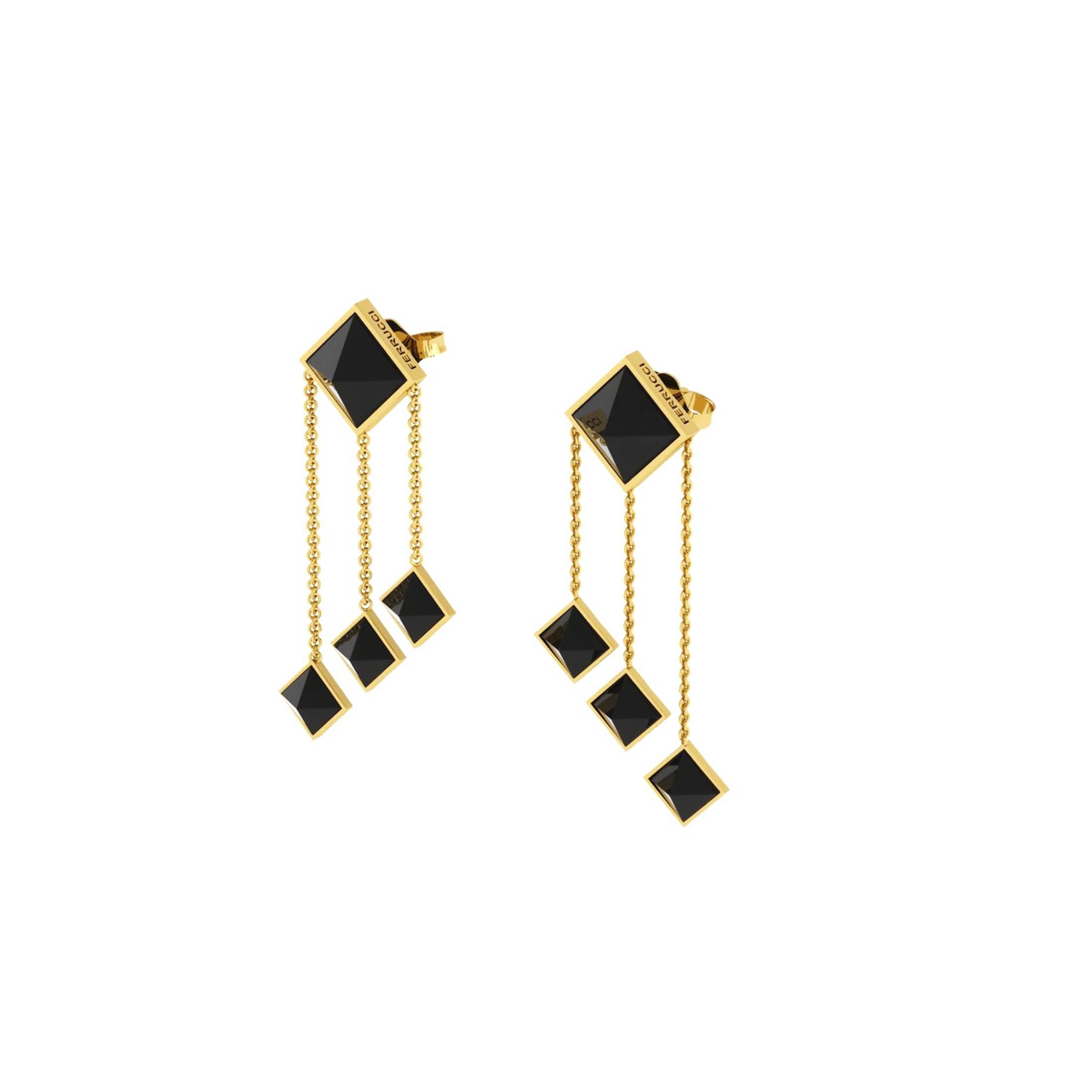 Art Deco Ferrucci Black Onyx Pyramids Dangling 18 Karat Yellow Gold Chandelier Earrings For Sale