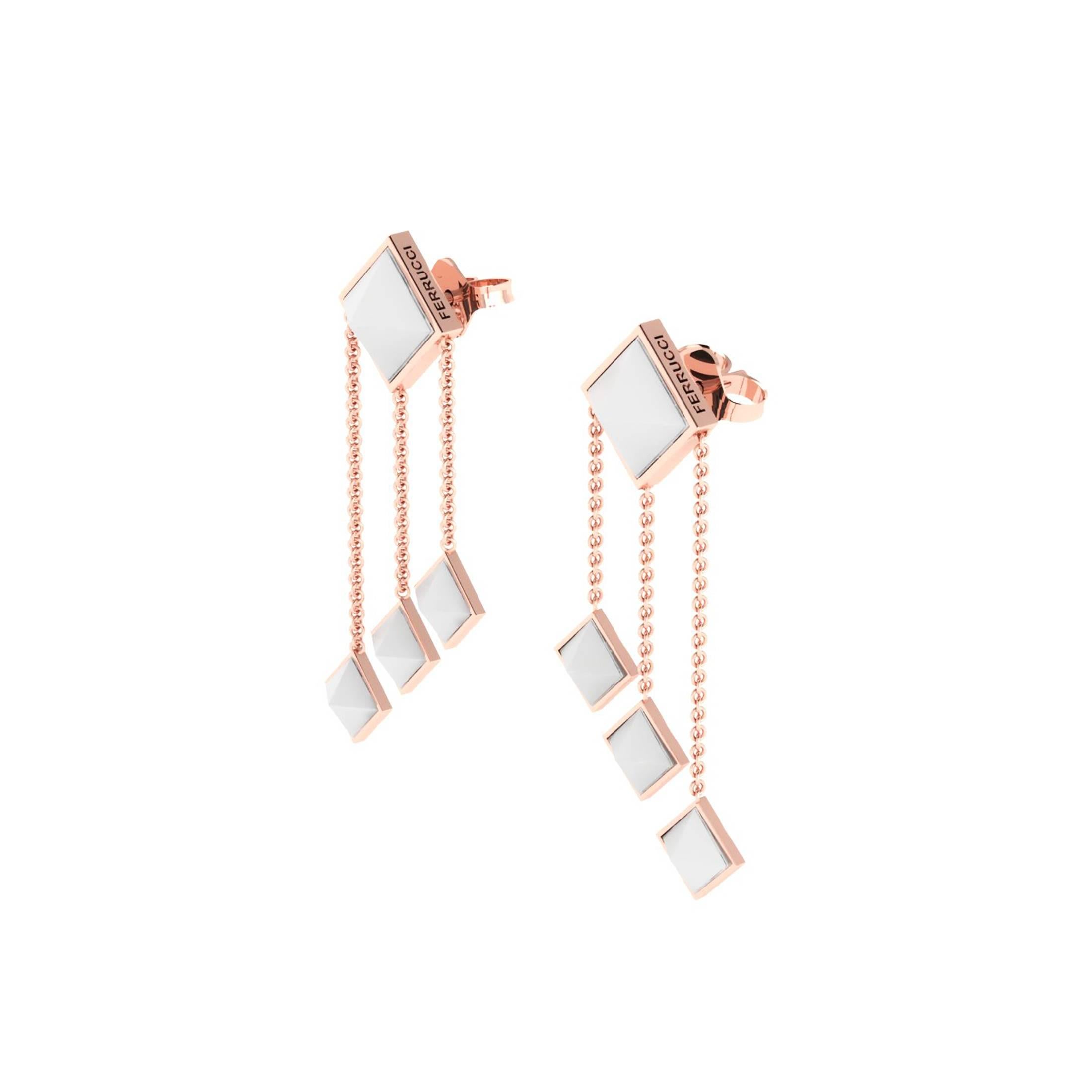 From FERRUCCI Pyramids collection, these white agate cut, set in 18k Rose gold dangling earrings, hand made in New York city by Italian designer Francesco Ferrucci, an Art Deco inspired design, elegant and light for every occasion, easy to wear and