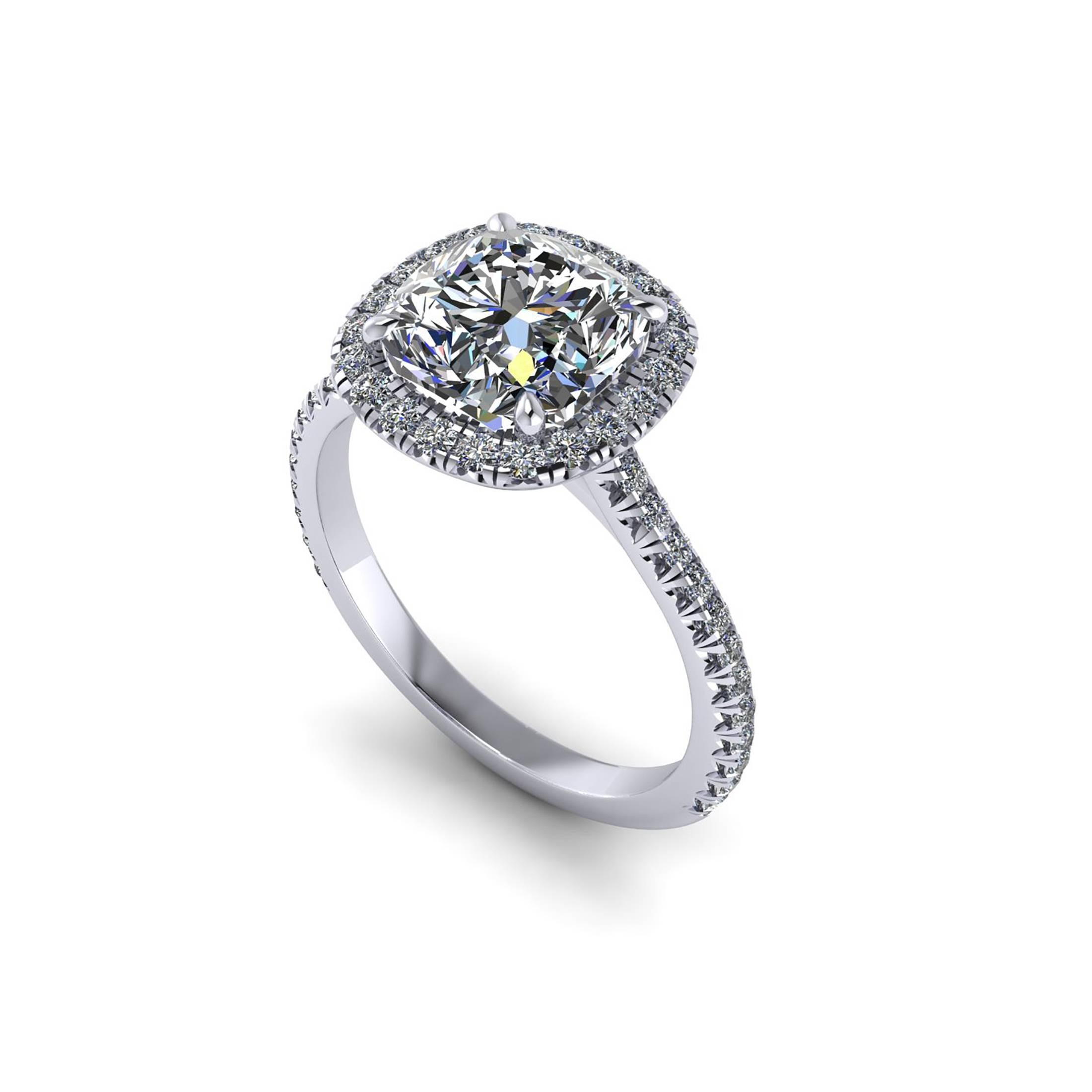 GIA Certified 2.01 carat cushion cut wonderful diamond, H color, SI2 clarity,  in a hand made Platinum ring, with a halo of white diamonds and diamond of the shank, hand set cut-down style for enhancing to the maximum the reflection of the diamonds