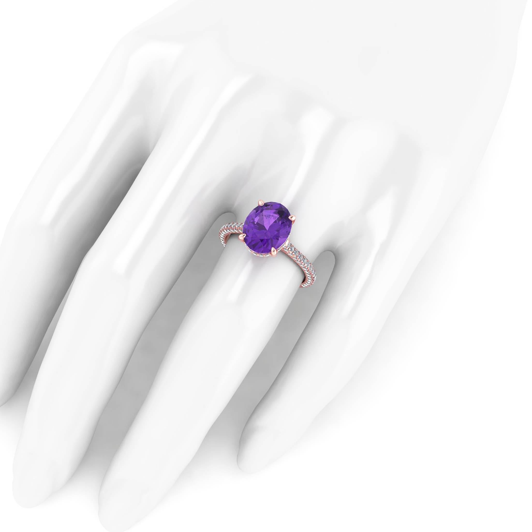 Neoclassical Ferrucci Natural Purple Oval Amethyst and White Diamonds 18 Karat Rose Gold Ring For Sale