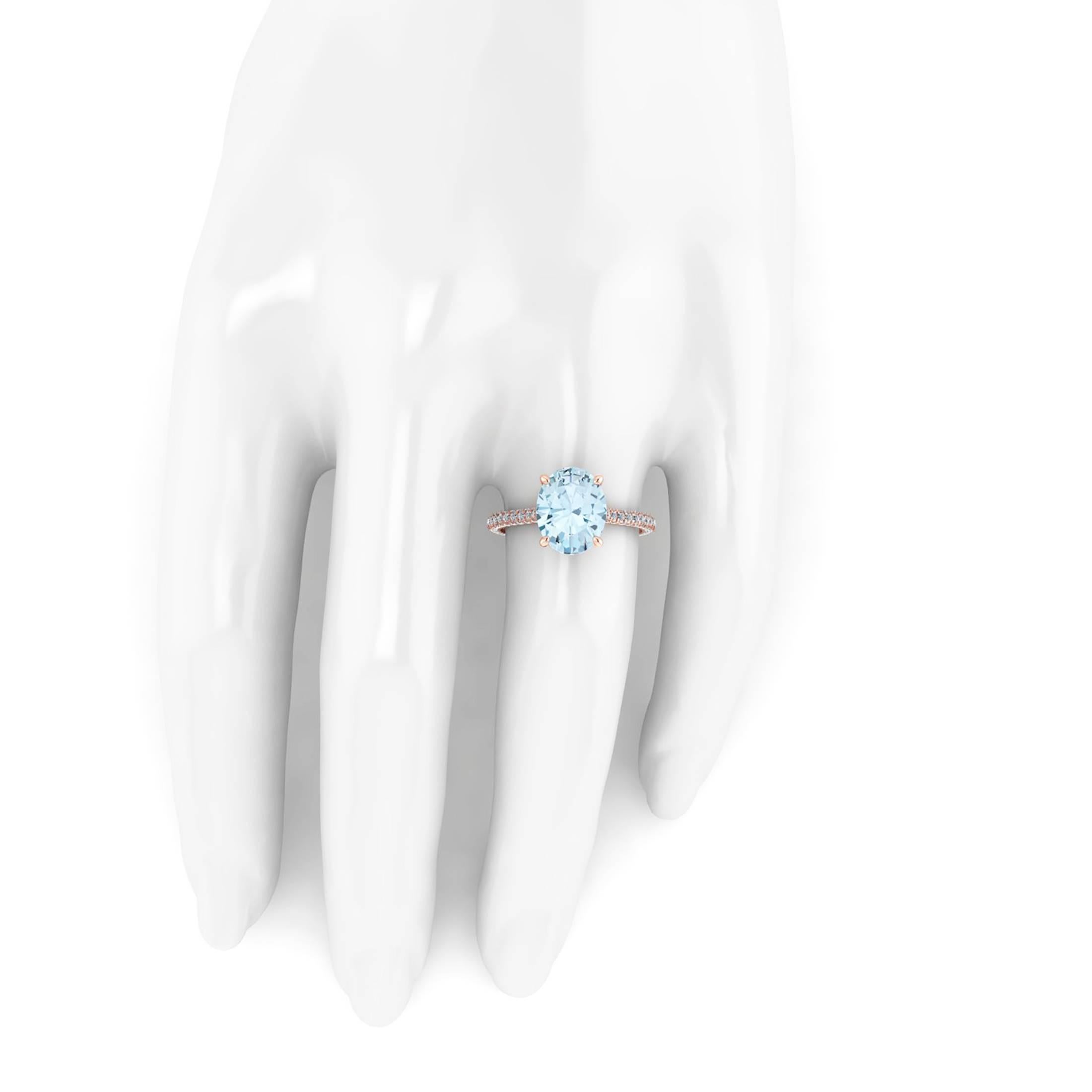 Women's 2.22 carat Oval Blue Aquamarine 0.50 carat White Diamonds 18 Karat rose Gold For Sale