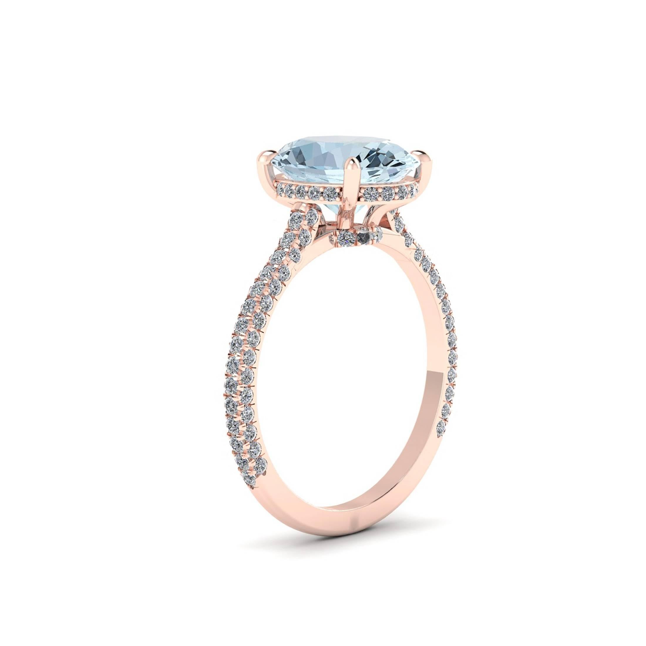 Contemporary 2.22 carat Oval Blue Aquamarine 0.50 carat White Diamonds 18 Karat rose Gold For Sale