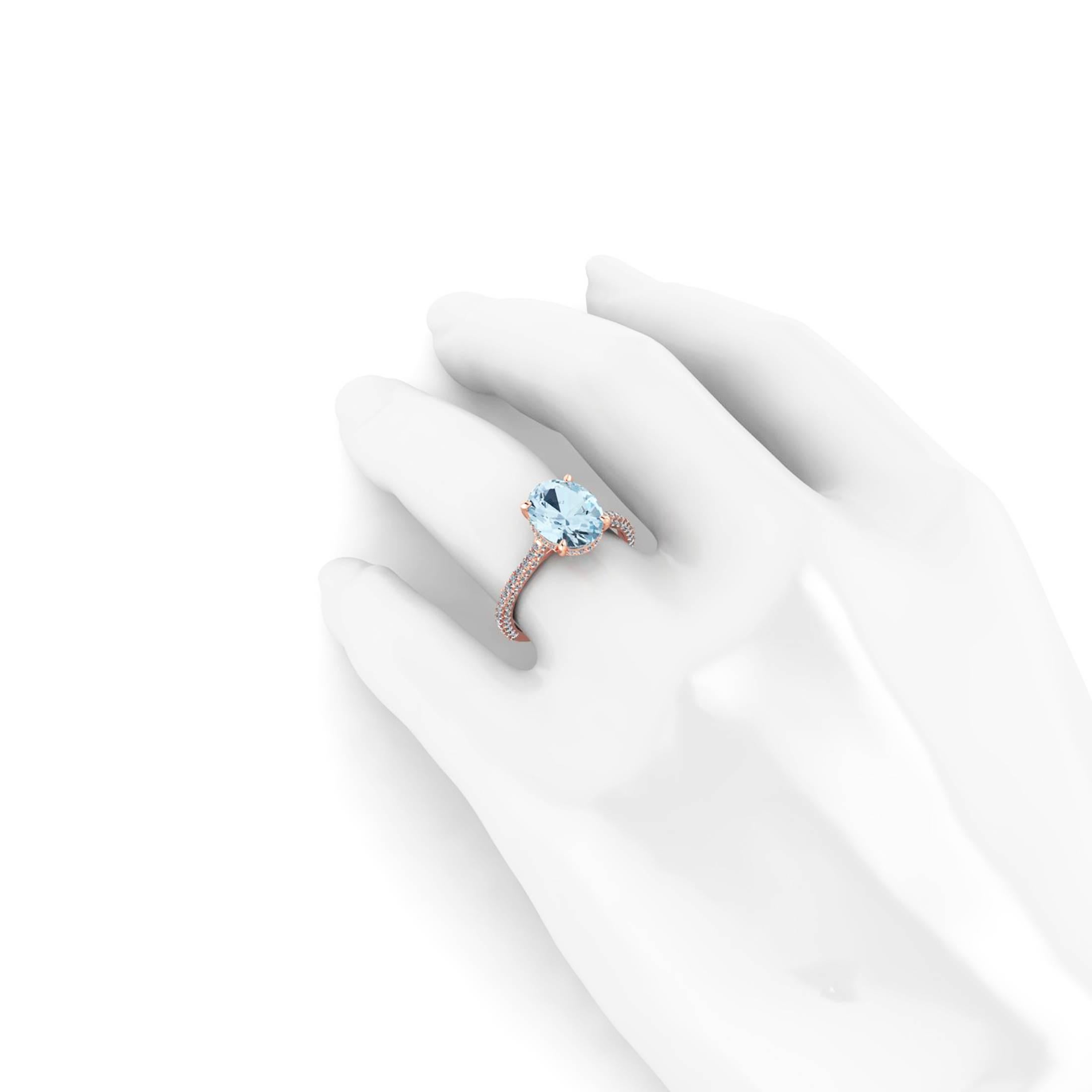 2,22 Karat ovaler blauer Aquamarin 0,50 Karat weiße Diamanten 18 Karat Roségold im Angebot 1