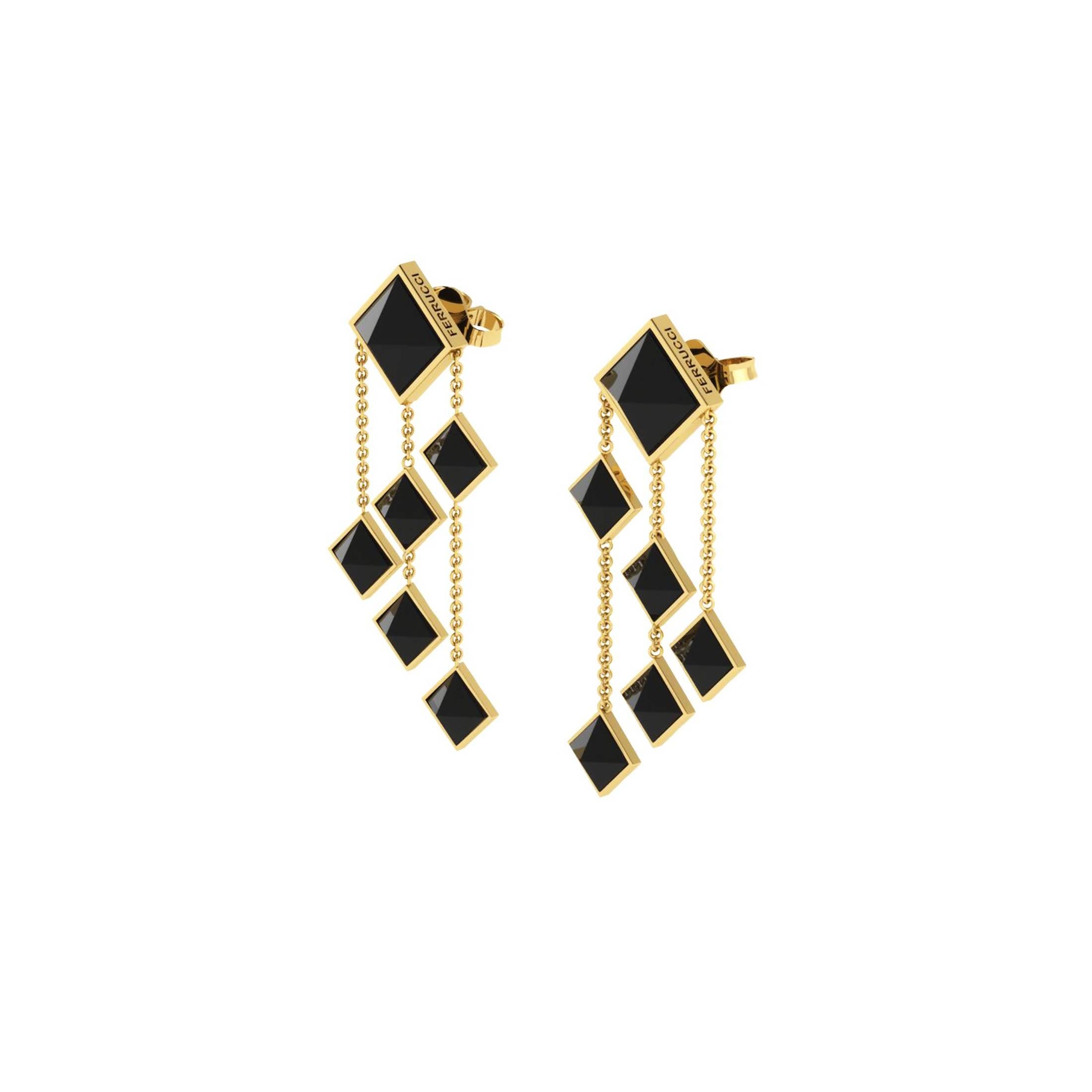 Von FERRUCCI Pyramids Sammlung, diese schwarzen Onyx Pyramidenschliffe, in 18k Gelbgold baumeln Ohrringe, handgefertigt in New York City von italienischen Designer Francesco Ferrucci, ein Art Deco inspiriertes Design, elegant und leicht für jeden