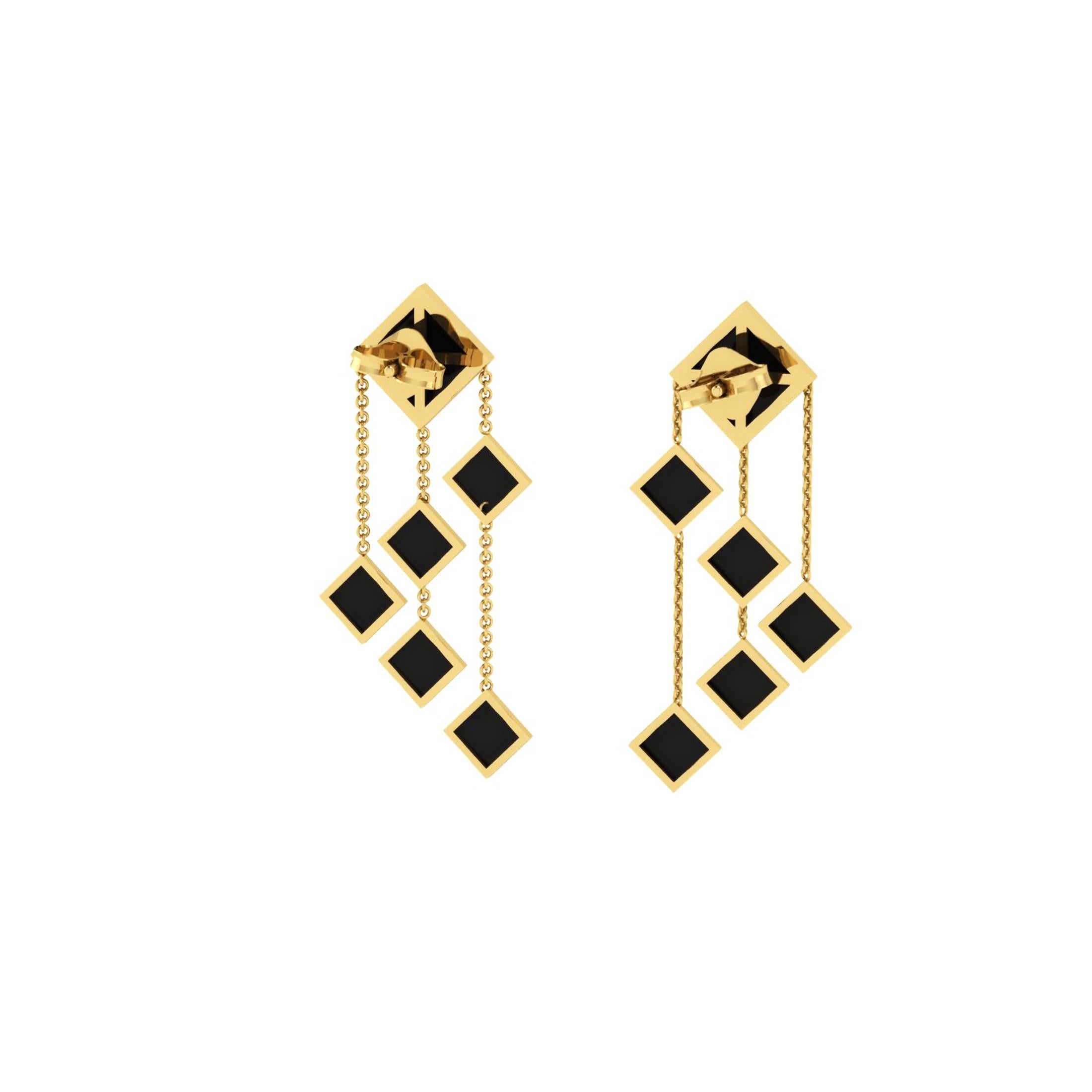 Schwarzer Onyx Pyramiden baumelnde 18 Karat Gelbgold-Kronleuchter-Ohrringe (Art déco) im Angebot