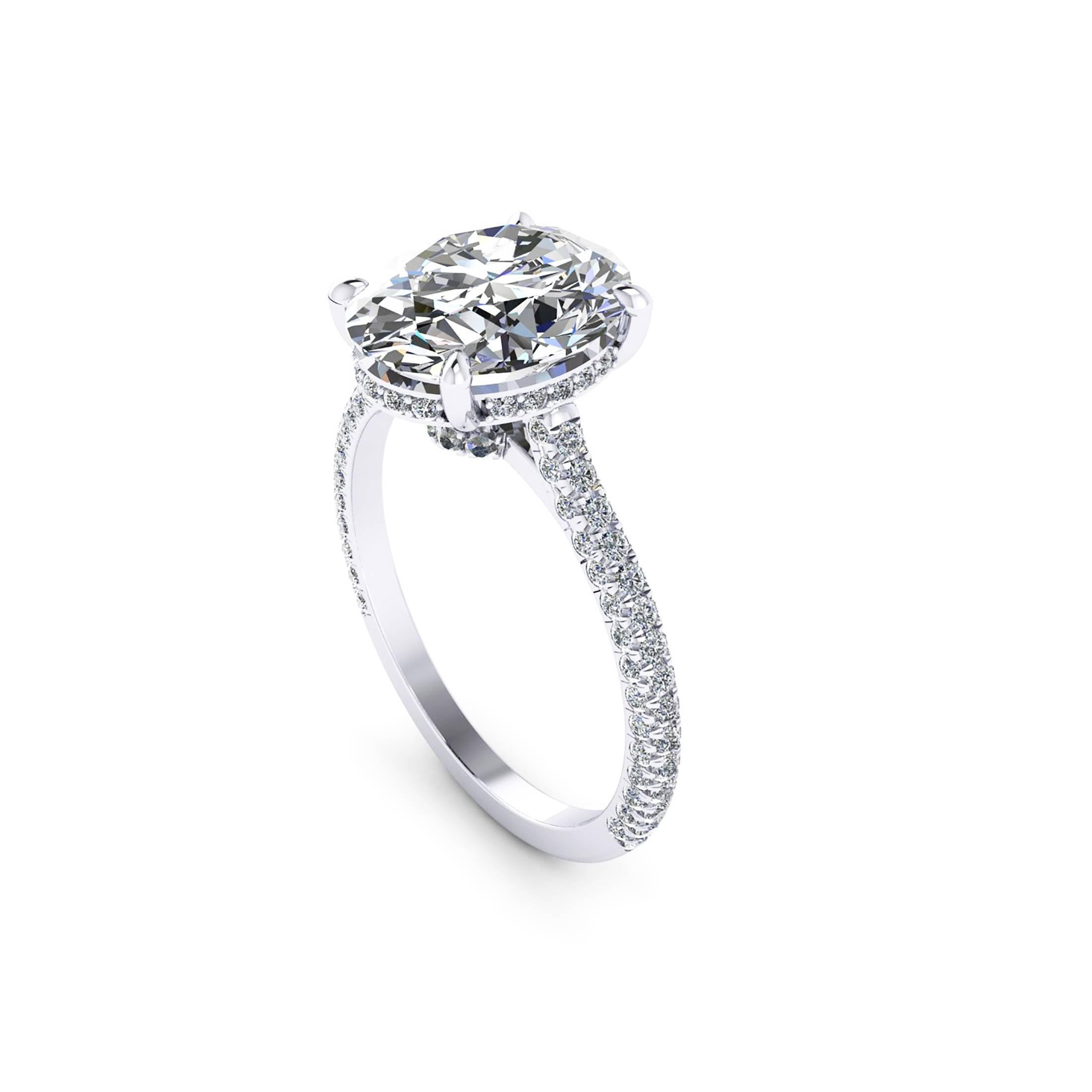 GIA Certified 2.52 carats Oval diamond cut, SI1 Clarity, Triple Excellent specs, clean at the eyes, maximum sparkle, in an hand made Platinum 950 engagement ring, adorned with a shower of ultra white diamonds, hand set, on almost every surface of