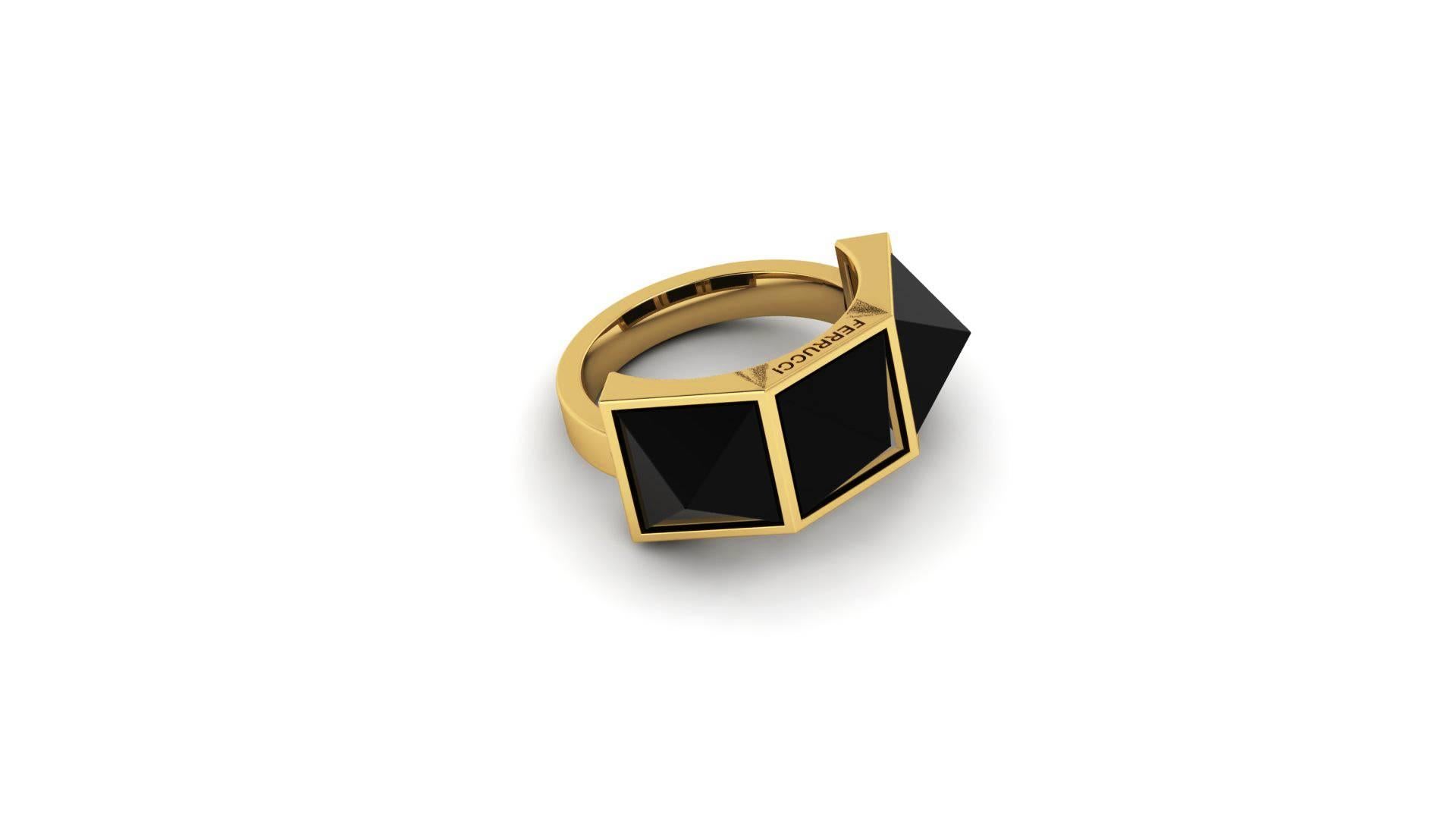 From FERRUCCI Pyramid collection, the Three Pyramid Black Onyx ring in 18k yellow gold, manufactured in New York.

Onyx is believed to offer personal protection and relationship harmony and The Pyramid symbolizes bigger consciousness of strength and