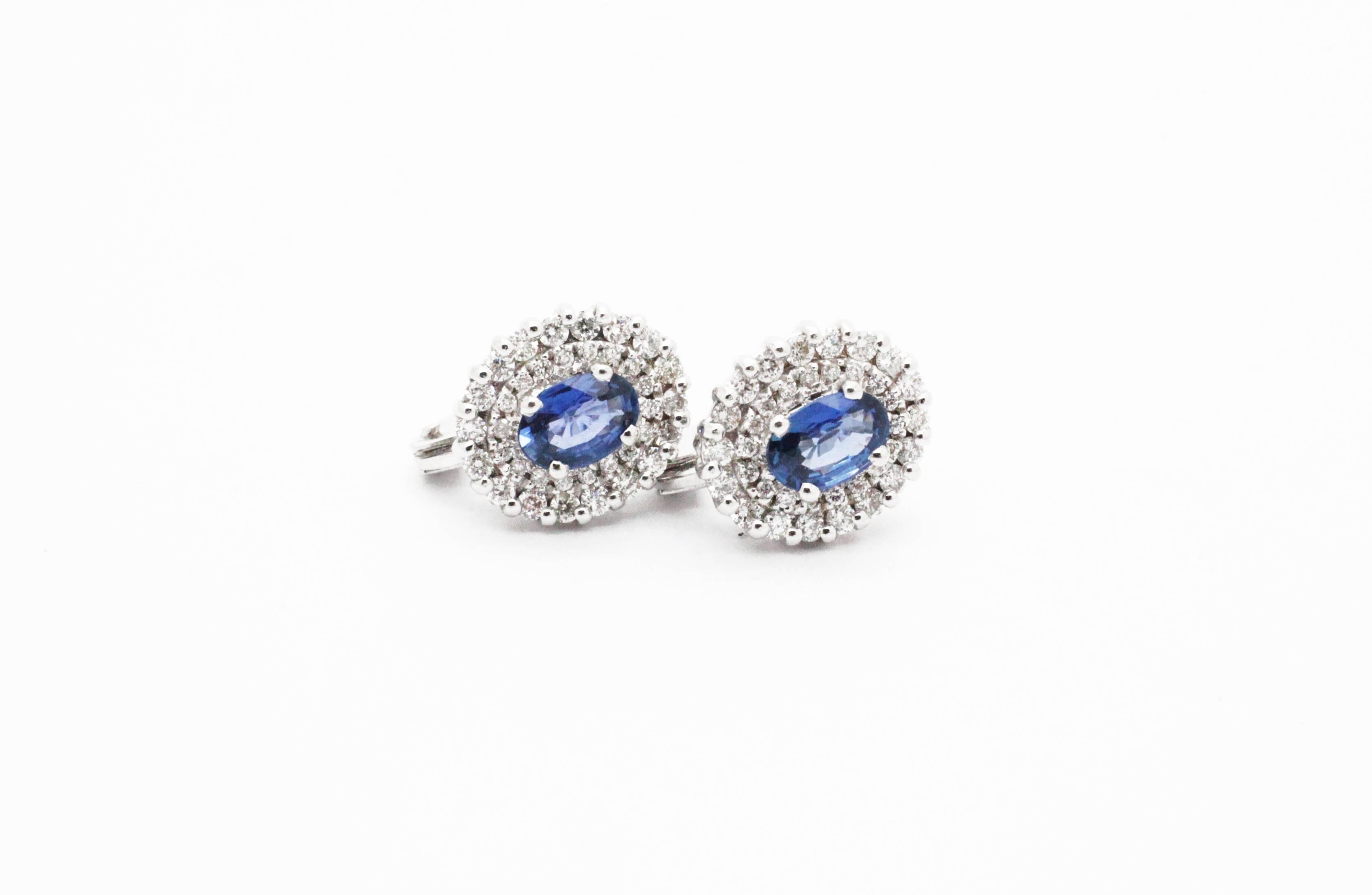 Art Nouveau Ferrucci 1.1 Carat Blue Sapphires and 0.46 Carat Diamonds 18 White Gold Studs