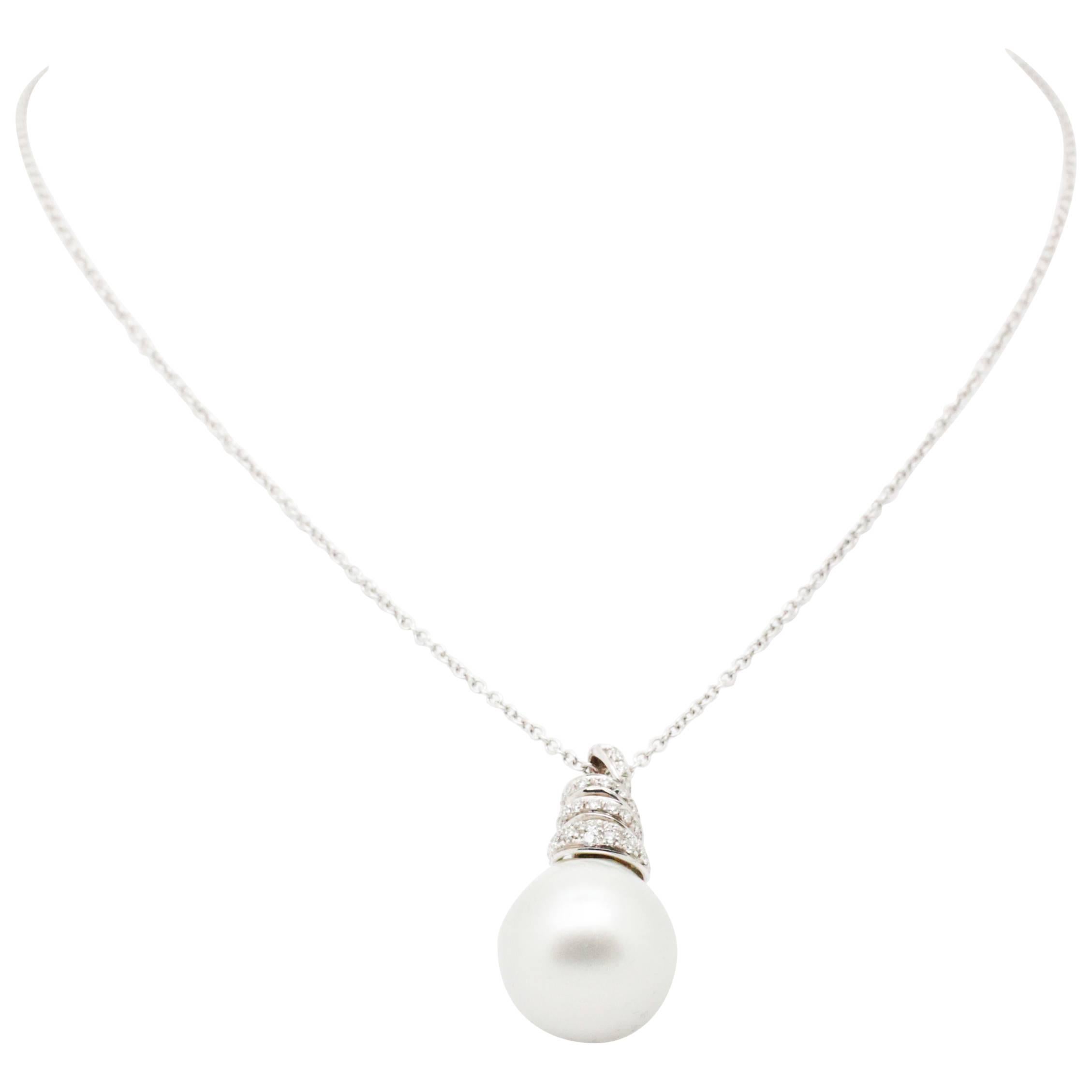 White Australian Pearl Diamond Pendant Necklace For Sale