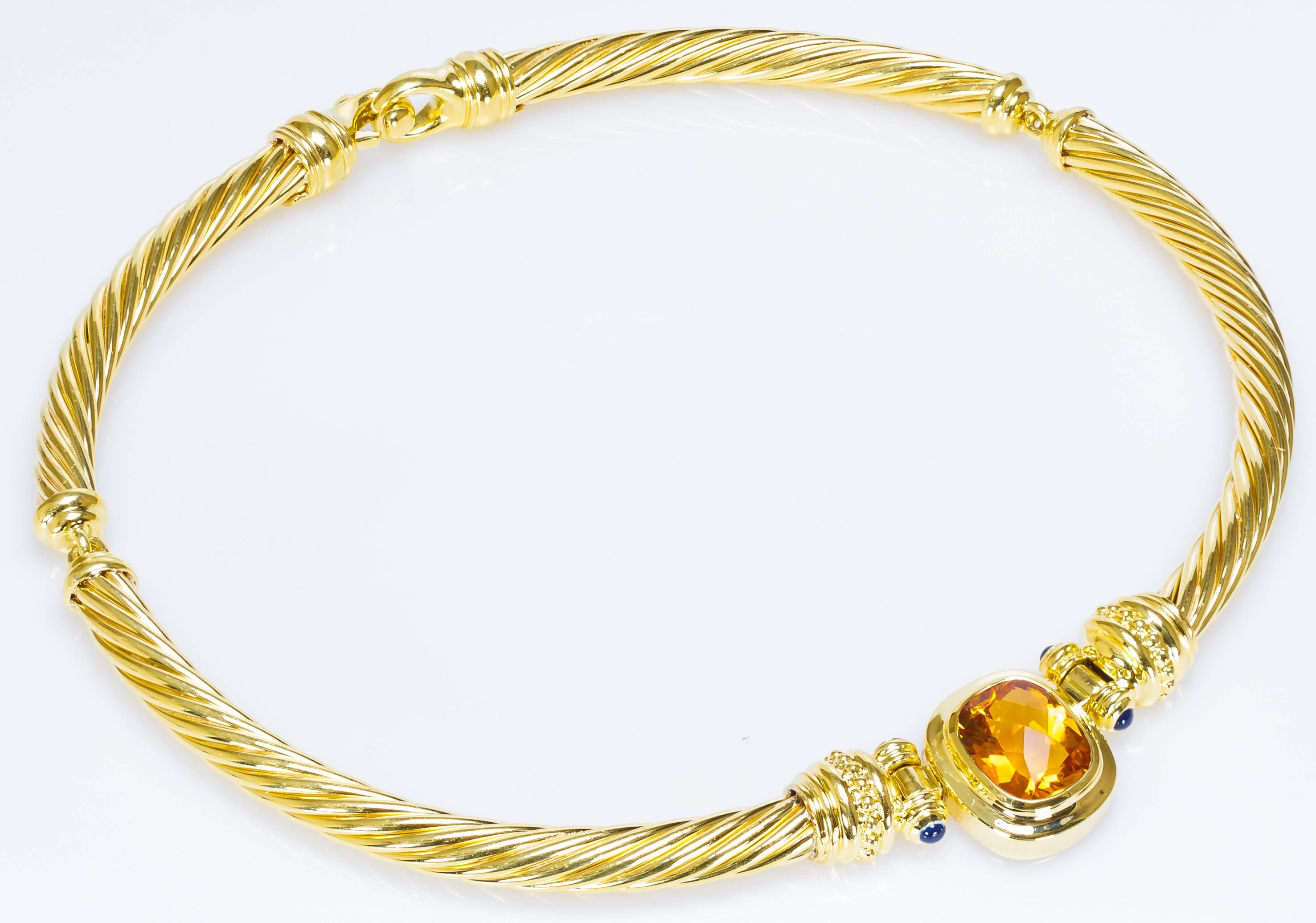 Cushion Cut Vintage David Yurman 18k Yellow Gold Citrine and Sapphire Cable Necklace For Sale