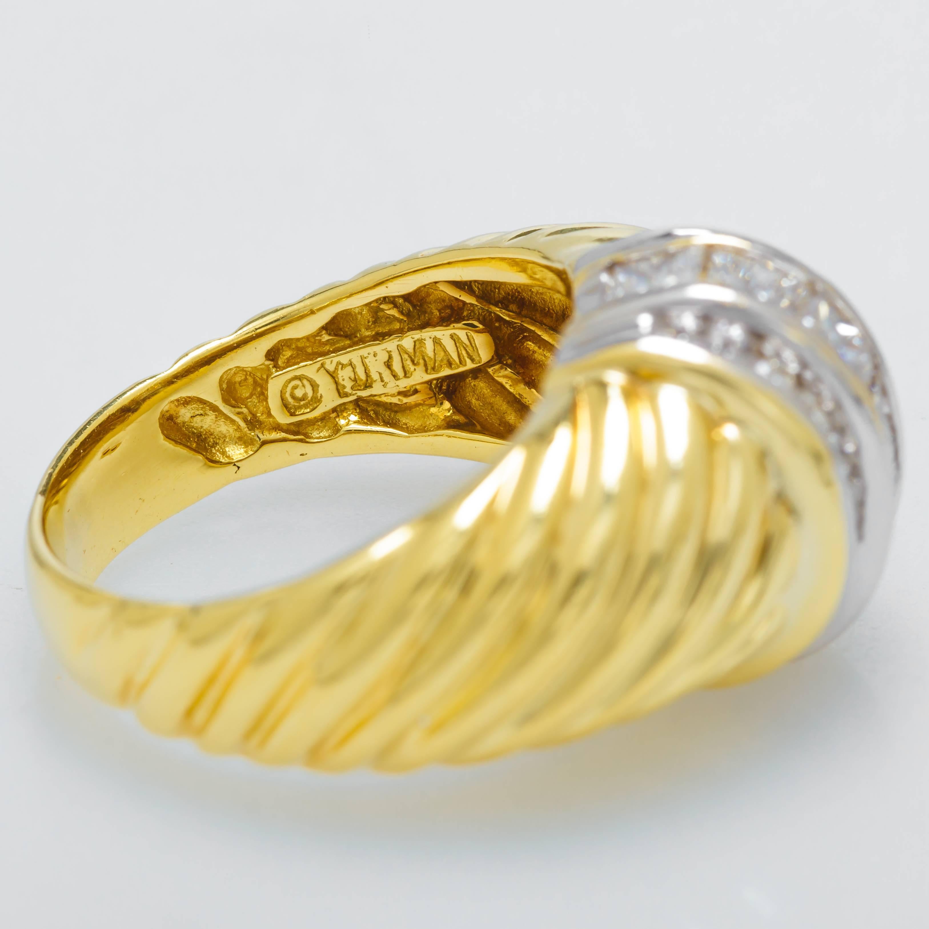 Princess Cut David Yurman Dome Cable Ring 18k Yellow Gold Diamonds Sterling Silver Size 6.5 For Sale