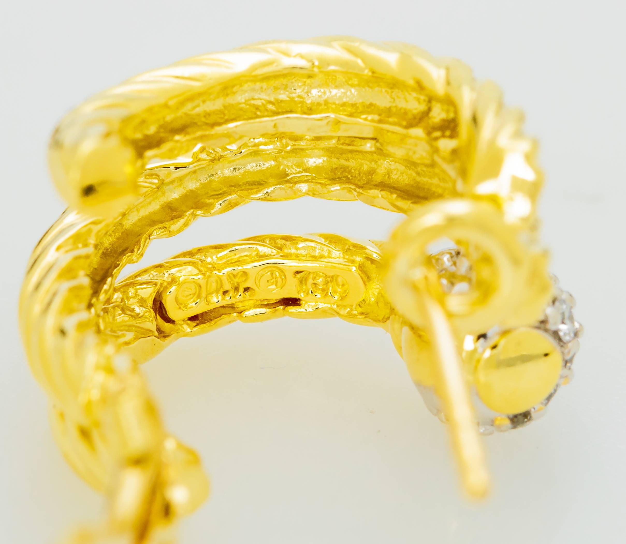 David Yurman Cable Earrings, 18 Karat Yellow Gold, Pave Diamonds, Omega Clasp For Sale 1